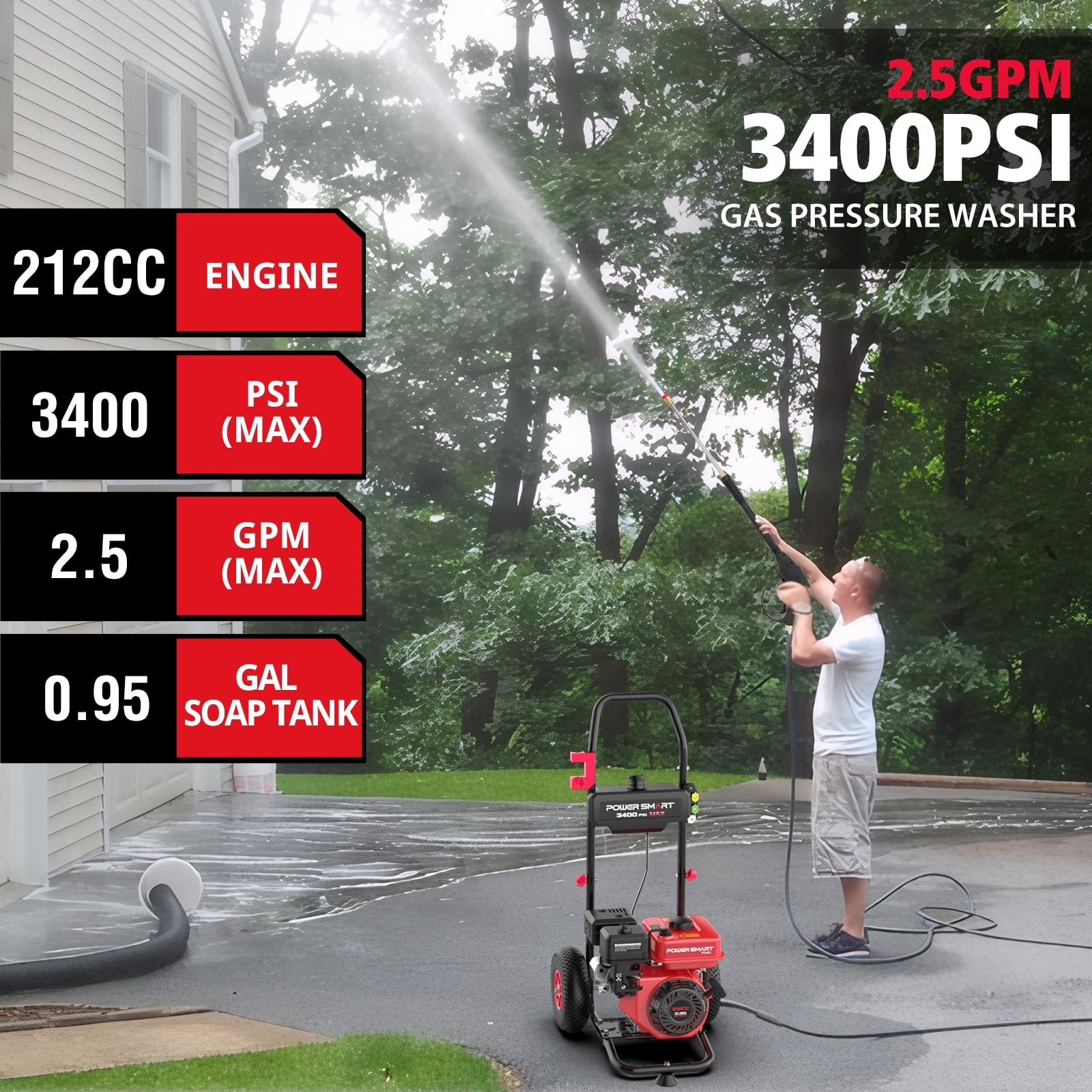PowerSmart Gas Pressure Washer, 3400 PSI 2.5 GPM Heavy-Duty Cleaning Machine (212cc, 10 in Wheels) 5a8u7