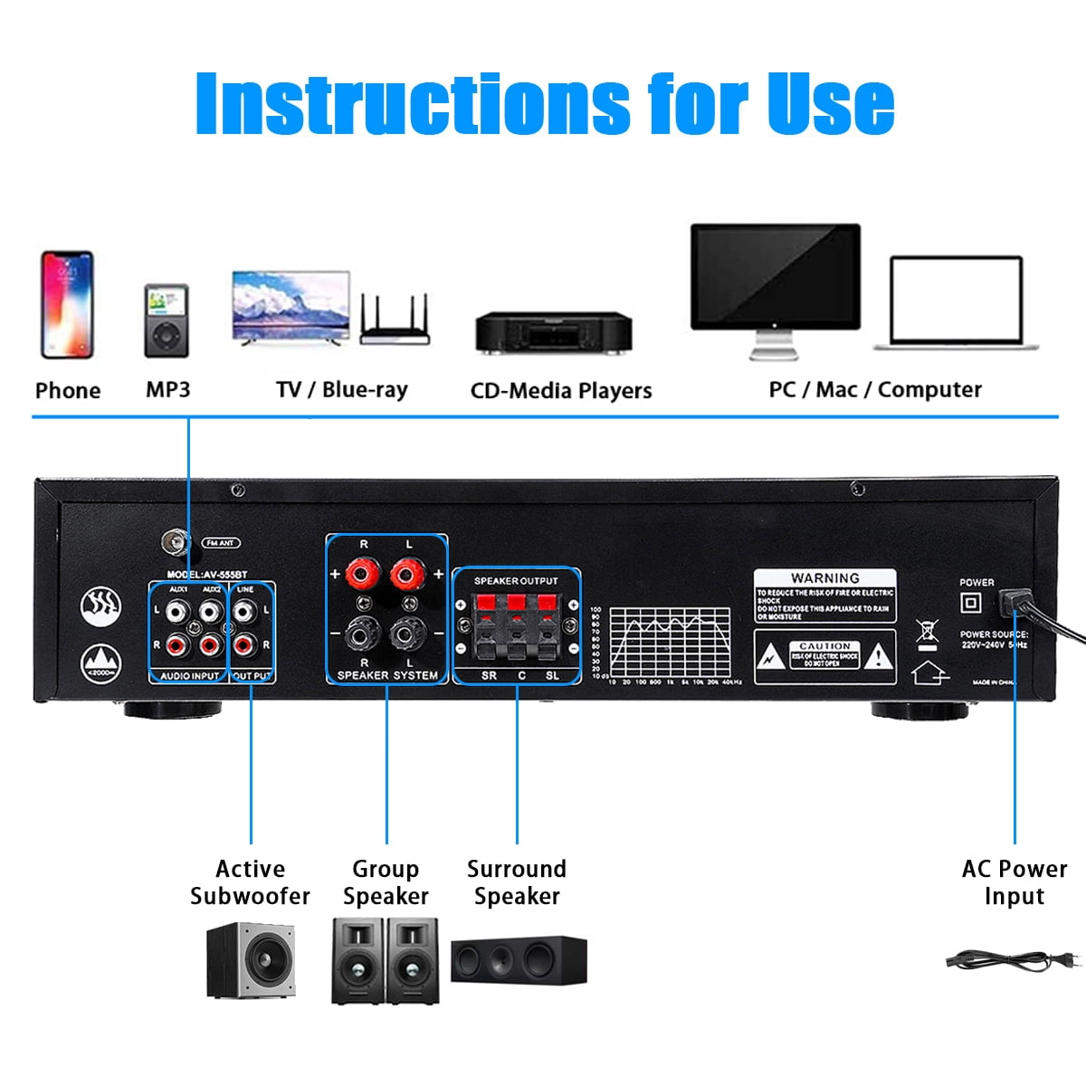 BlitzMax 800W Bluetooth Home Theater Stereo Receiver (Black, 5-Channel) vox5x