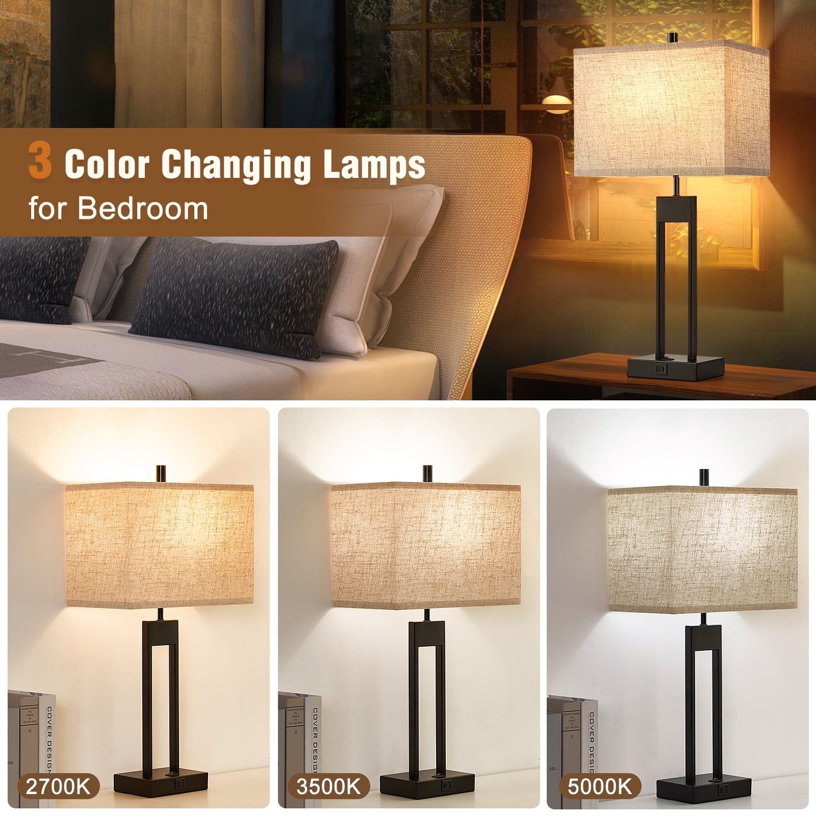 NATYSWAN Modern Table Lamps Set of 2, USB A+C Charging Ports, 3-Color Temperature LED, Fabric Shade (Black, 2 Pack) voyz6