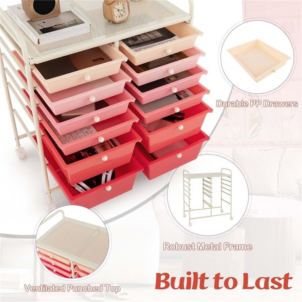 Pemberly Row 12-Drawer Rolling Storage Cart with Swivel Casters (Pink, 25 in x 15 in x 29.5 in) pk3sc