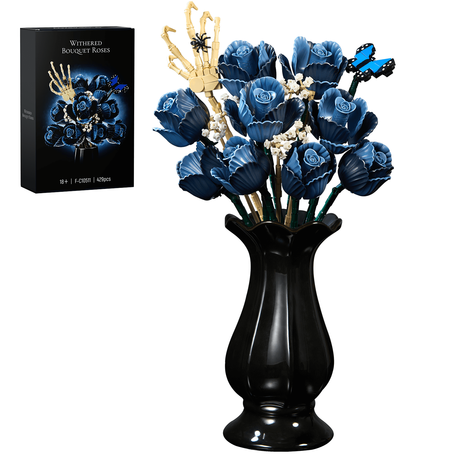 BuildingBoat Skull Bouquet Building Block Set Gothic Rose Flower Decor (Blue, 1 Set) xvpv0