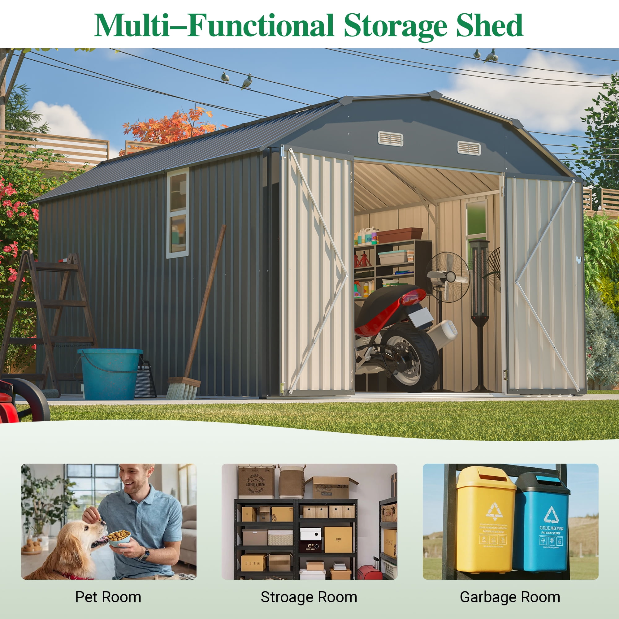 LZBEITEM Metal Outdoor Storage Shed with Floor Frame Kit, Heavy-Duty Garden Tool Shed with Lockable Door and Window (Grey, 10 ft x 12 ft) zqgpg