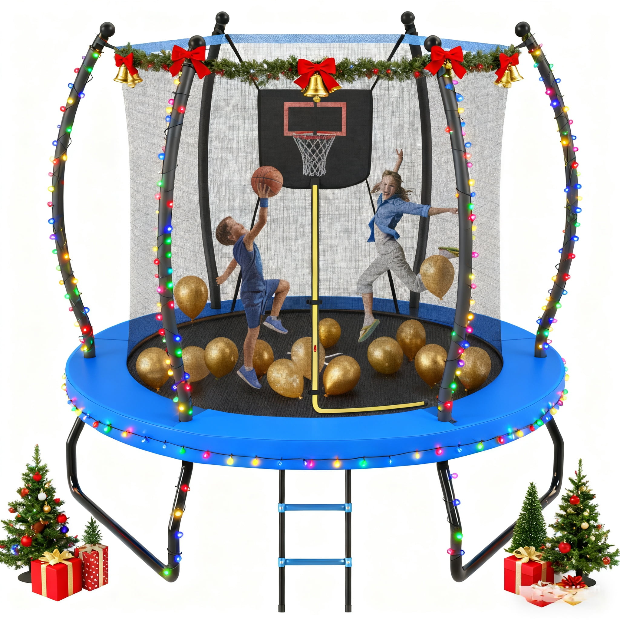 Euroco 8 ft Outdoor Trampoline with Basketball Hoop and Ladder (Blue, 8 ft) o80er