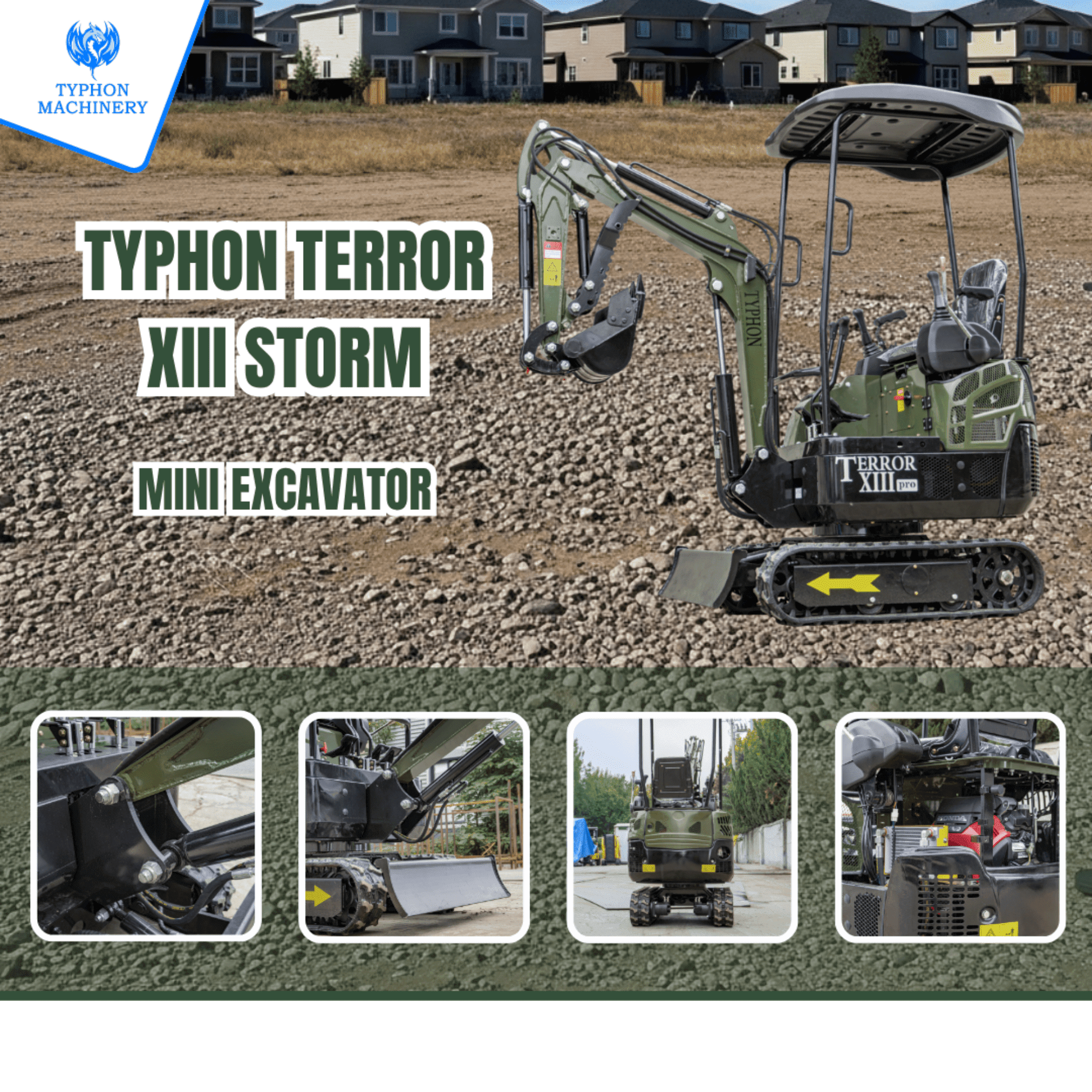 TYPHON TERROR XIII Mini Excavator (1.3 Ton, Green, 13.5hp Engine) 661v1