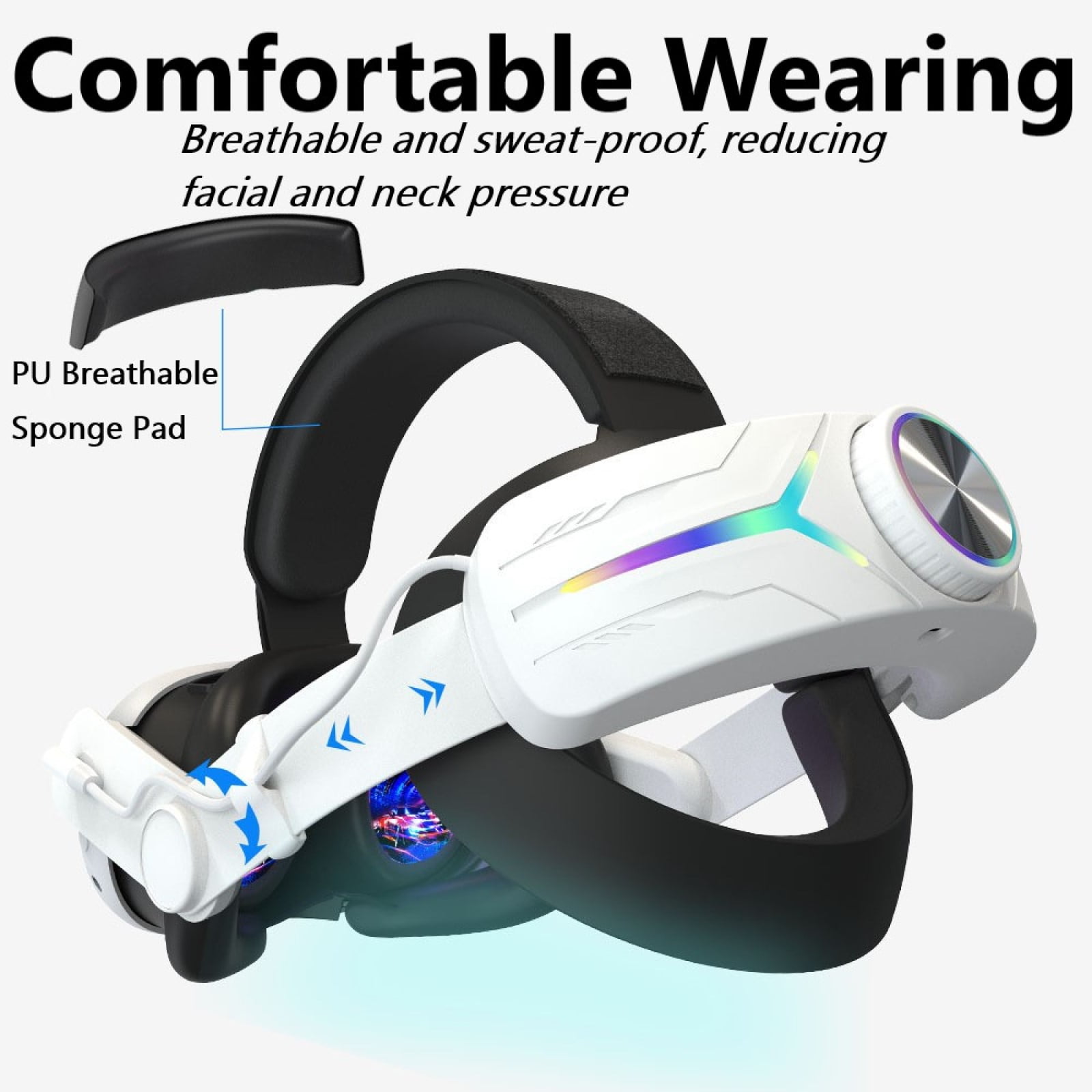 Pecham Battery Head Strap for Meta Quest 3/3S, 12000mAh Extended Power Elite Strap with RGB Lighting, Ergonomic Adjustable VR Headset Accessory (White, 12000mAh) 204ny