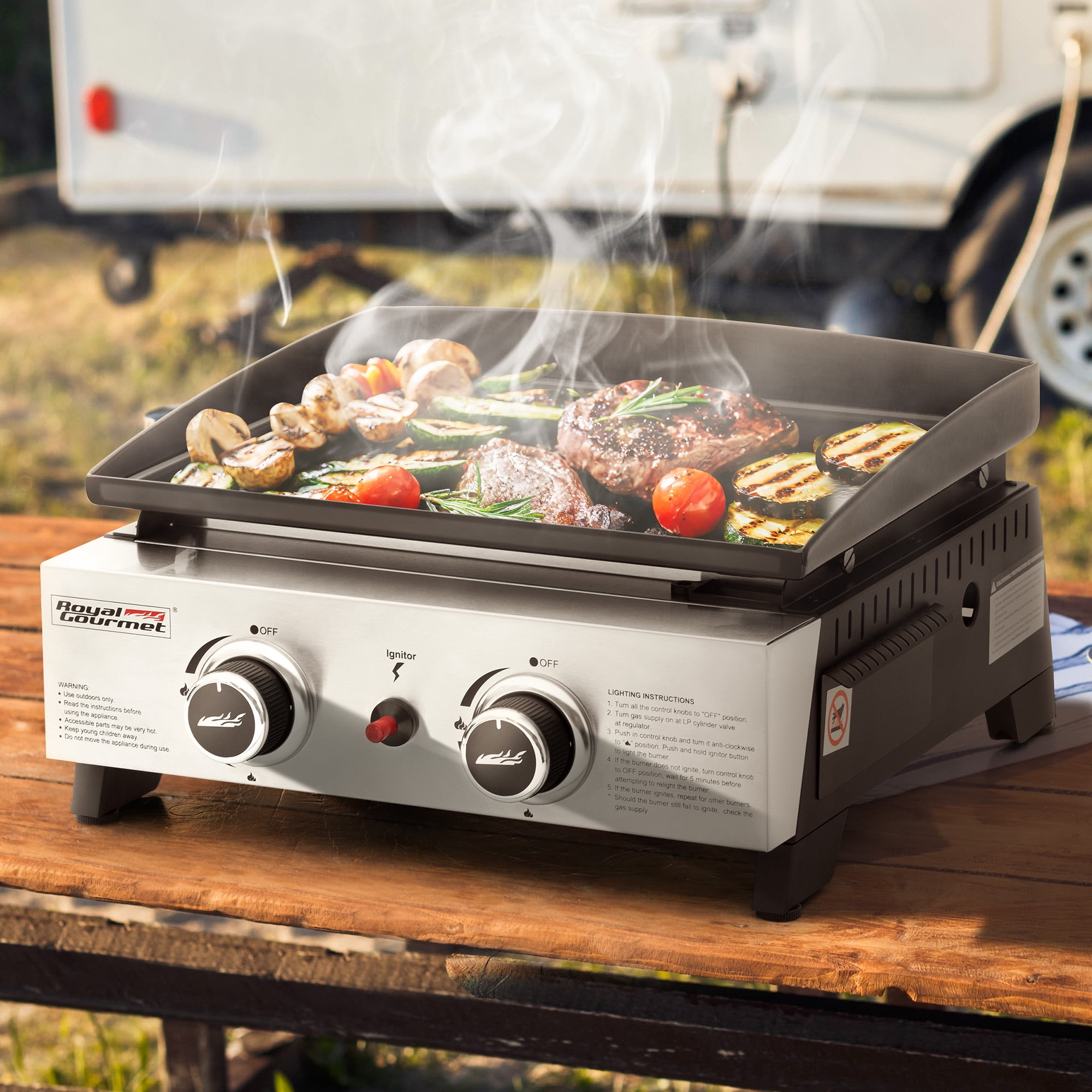Royal Gourmet PD1204 Portable 17-Inch 2-Burner Tabletop Gas Griddle Grill (Silver, 227 sq. in. Cooking Area) wzk4k