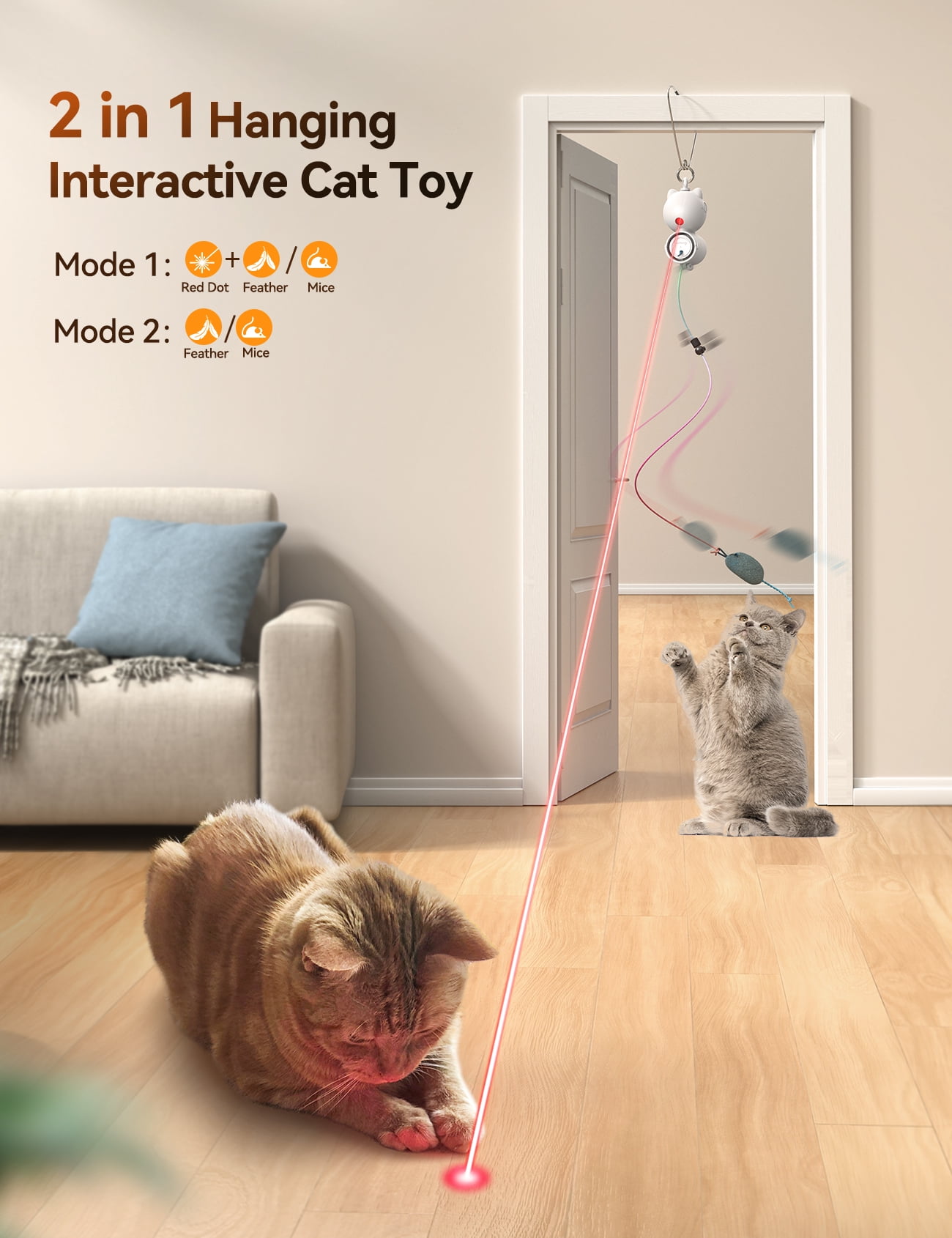 Feelneedy Interactive Cat Toy, 2-in-1 Automatic Laser Teaser and Hanging Feather Toy for Indoor Cats (White, 9.8 in) 47kni