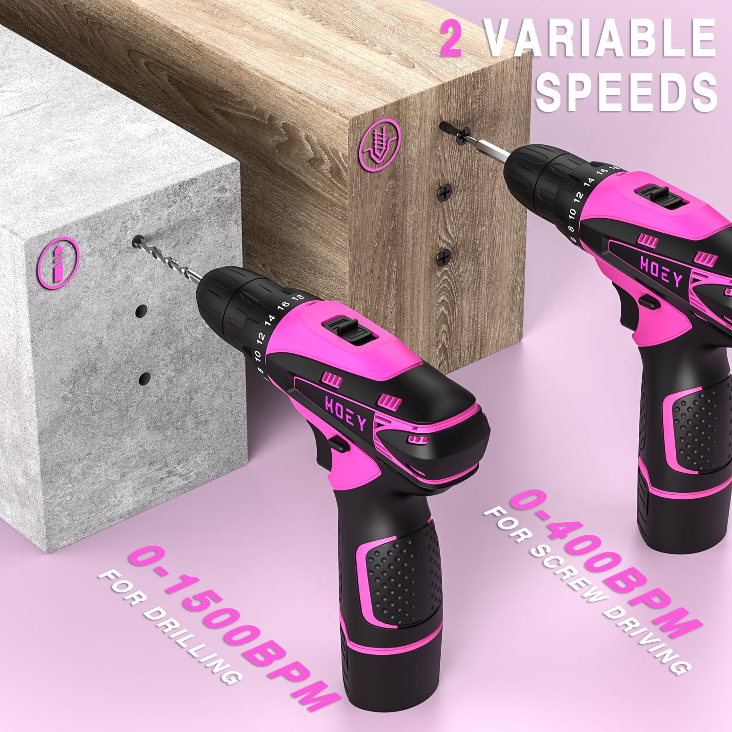 Hoey Cordless Drill Set, 12V Power Drill Electric Screwdriver Kit with 22 Pcs Accessories (Pink, 3/8 in Chuck) 482z7