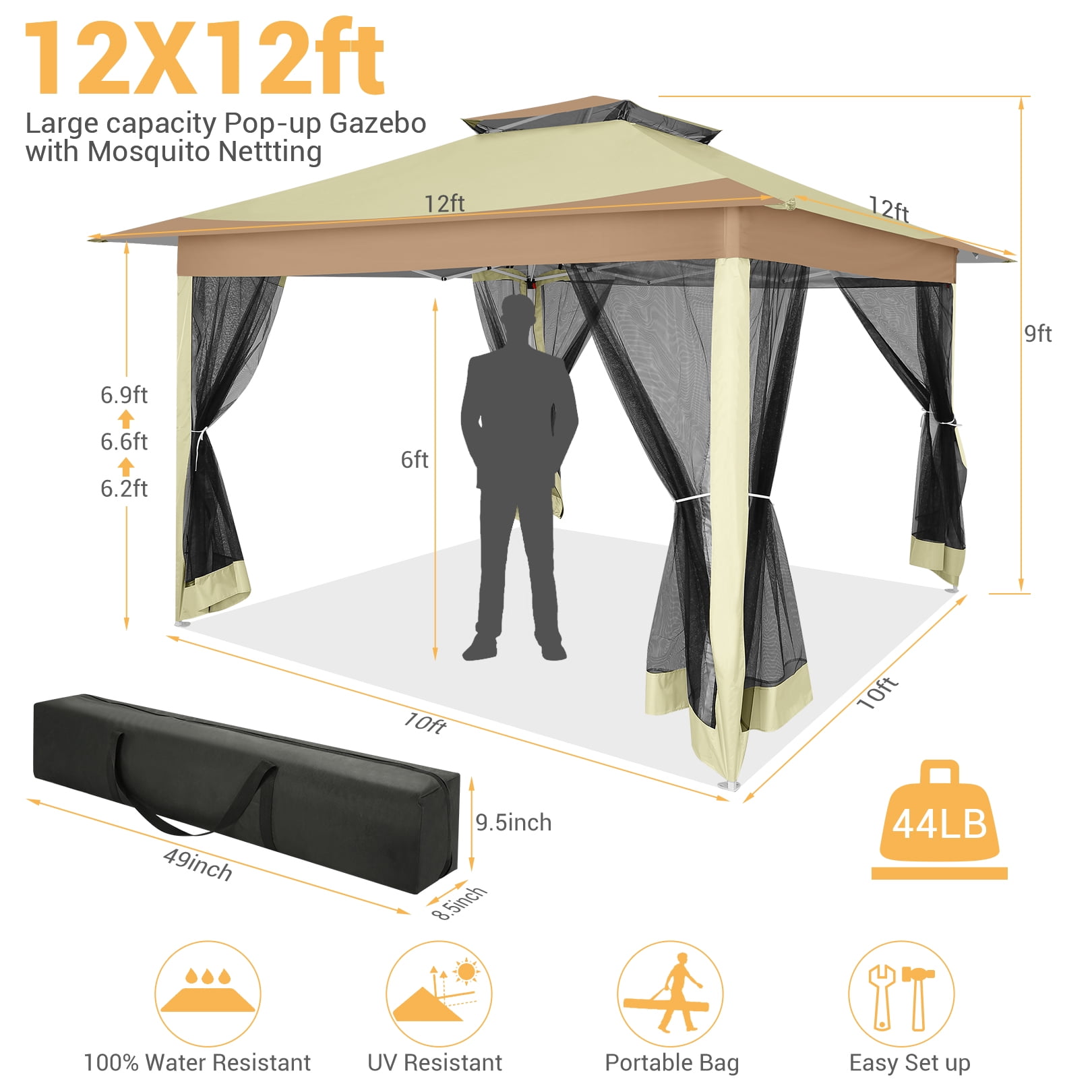 SANOPY Outdoor Pop-up Gazebo with Mosquito Netting and Sandbags (Light Brown, 12x12 ft) 63tns
