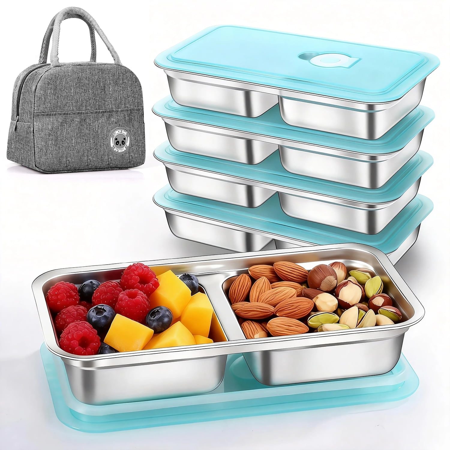 Taimasi Stainless Steel Snack Containers Set with Lids and Lunch Bag (Blue, 9 Piece Set) v8rl5