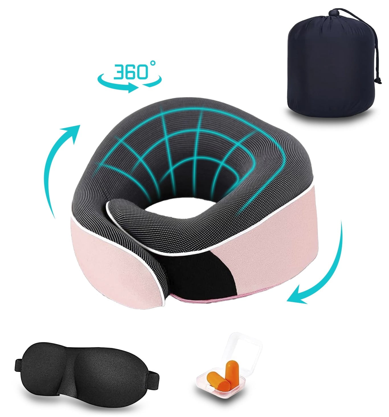 Merryhome Memory Foam Travel Neck Pillow, Ergonomic 360-Degree Support with Eye Mask and Earplugs (Pink, 0.7 lb) 5ih4y