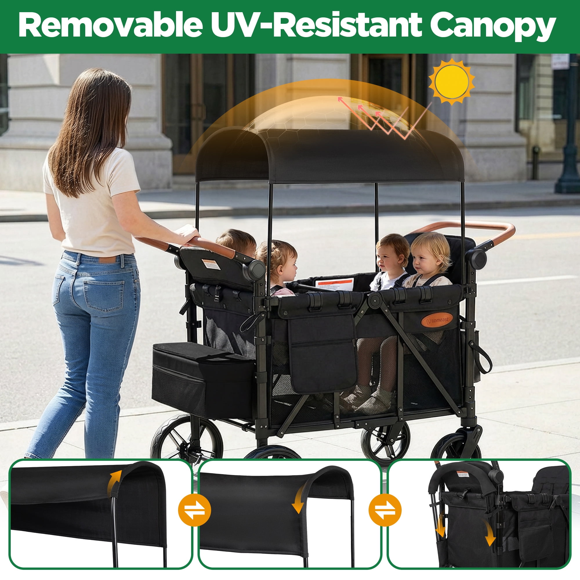 Vomeast 4-Seater Wagon Stroller for Kids, All-Terrain Outdoor Utility Stroller with Canopy and 5-Point Harness (Black, 41.34 x 28.35 x 53.94 in) 1xner