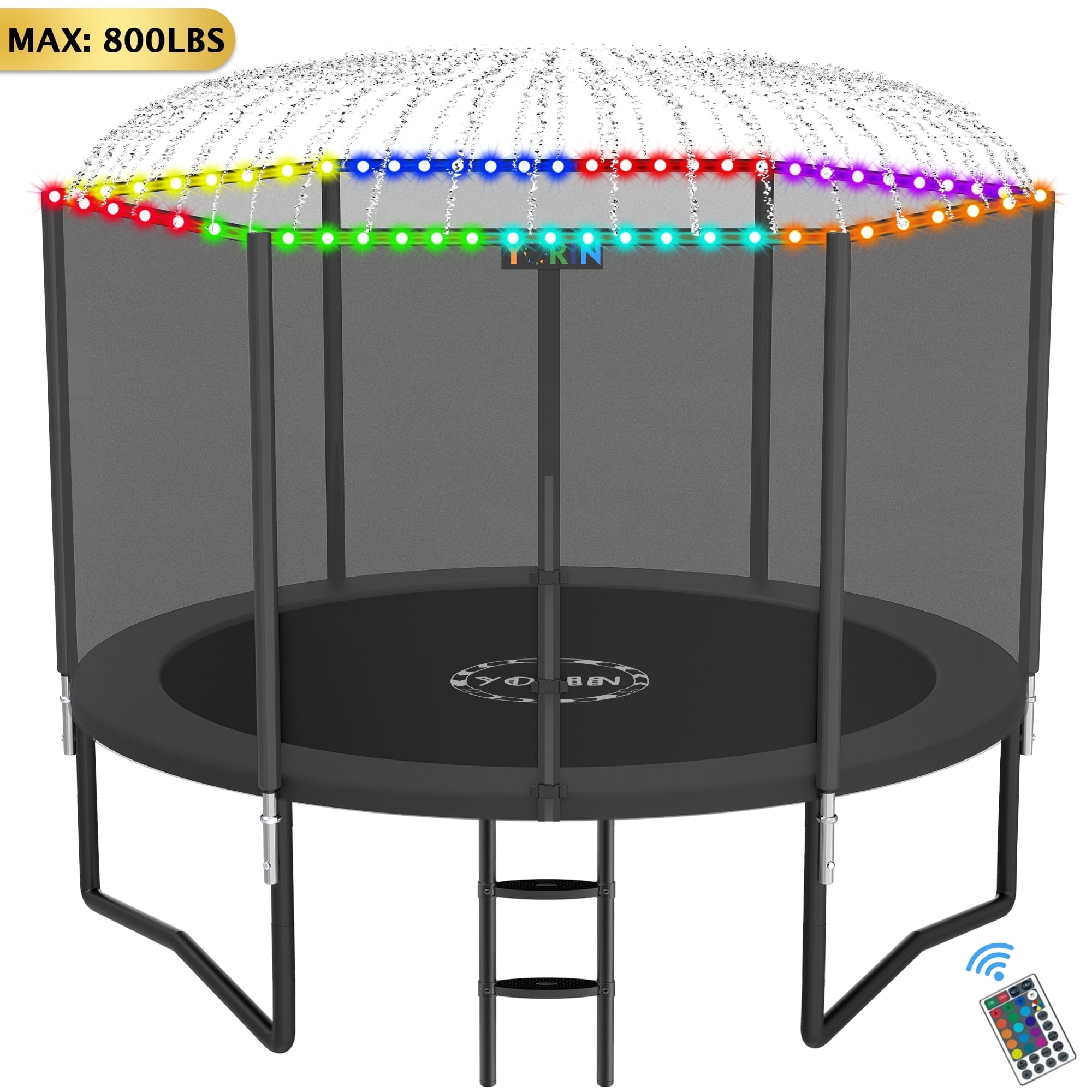 YORIN Outdoor Round Trampoline with Safety Enclosure Net, Sprinkler, and LED Lights (Black, 8 ft) ce8lk