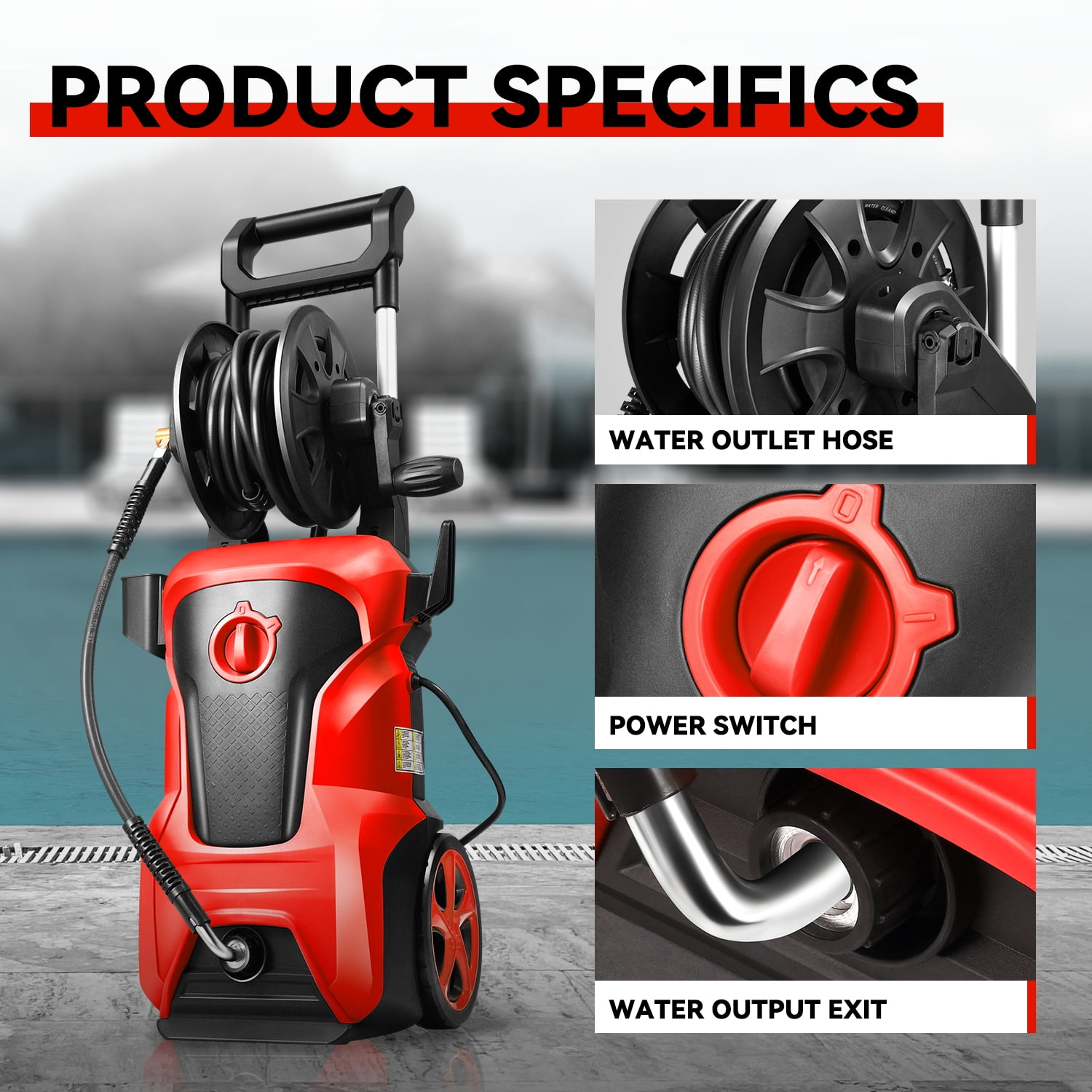 DNA Motoring 2176 PSI Electric Pressure Washer with Adjustable Nozzle and Detergent Dispenser (Red) z8kh8