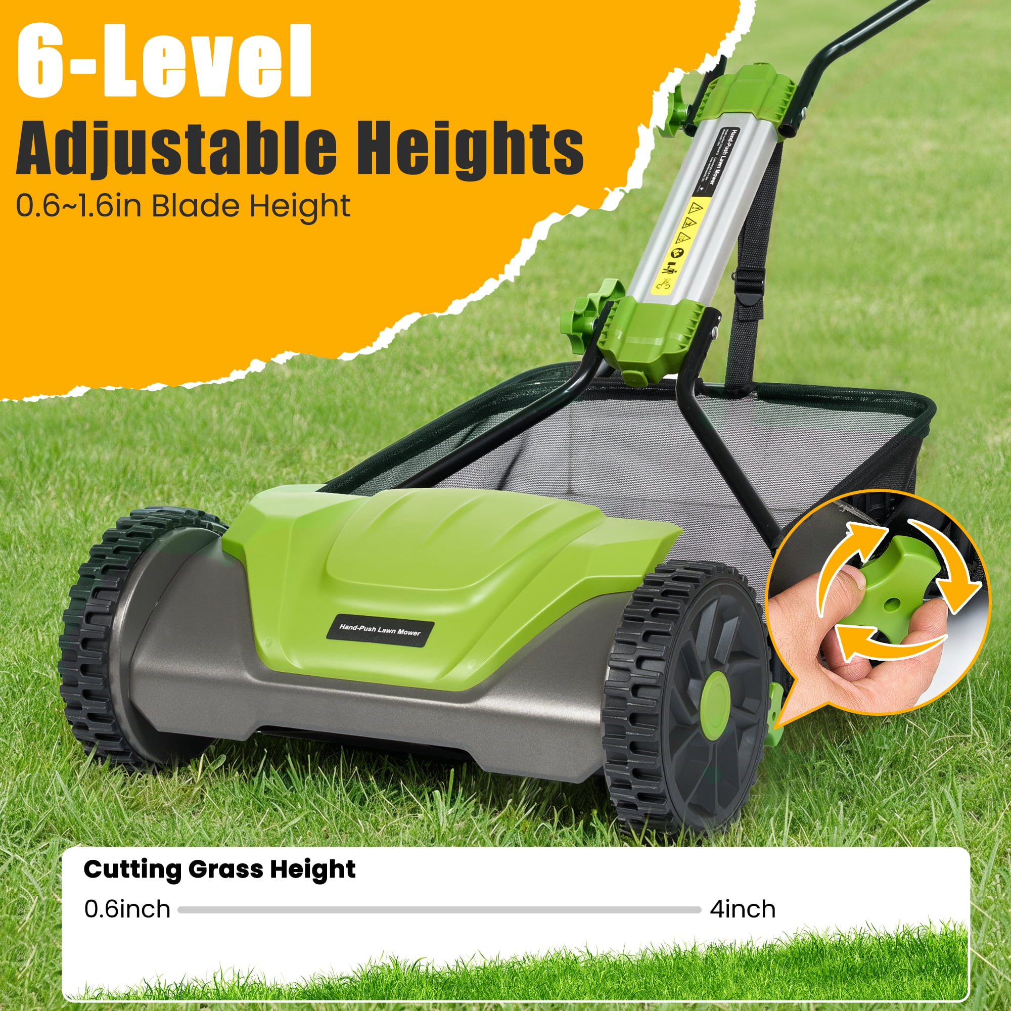 Naipo Manual Push Reel Lawn Mower, 16-in Cutting Width, 5-Blade System, 6 Adjustable Heights, Includes 8-Gallon Grass Catcher (Green) 9na7t