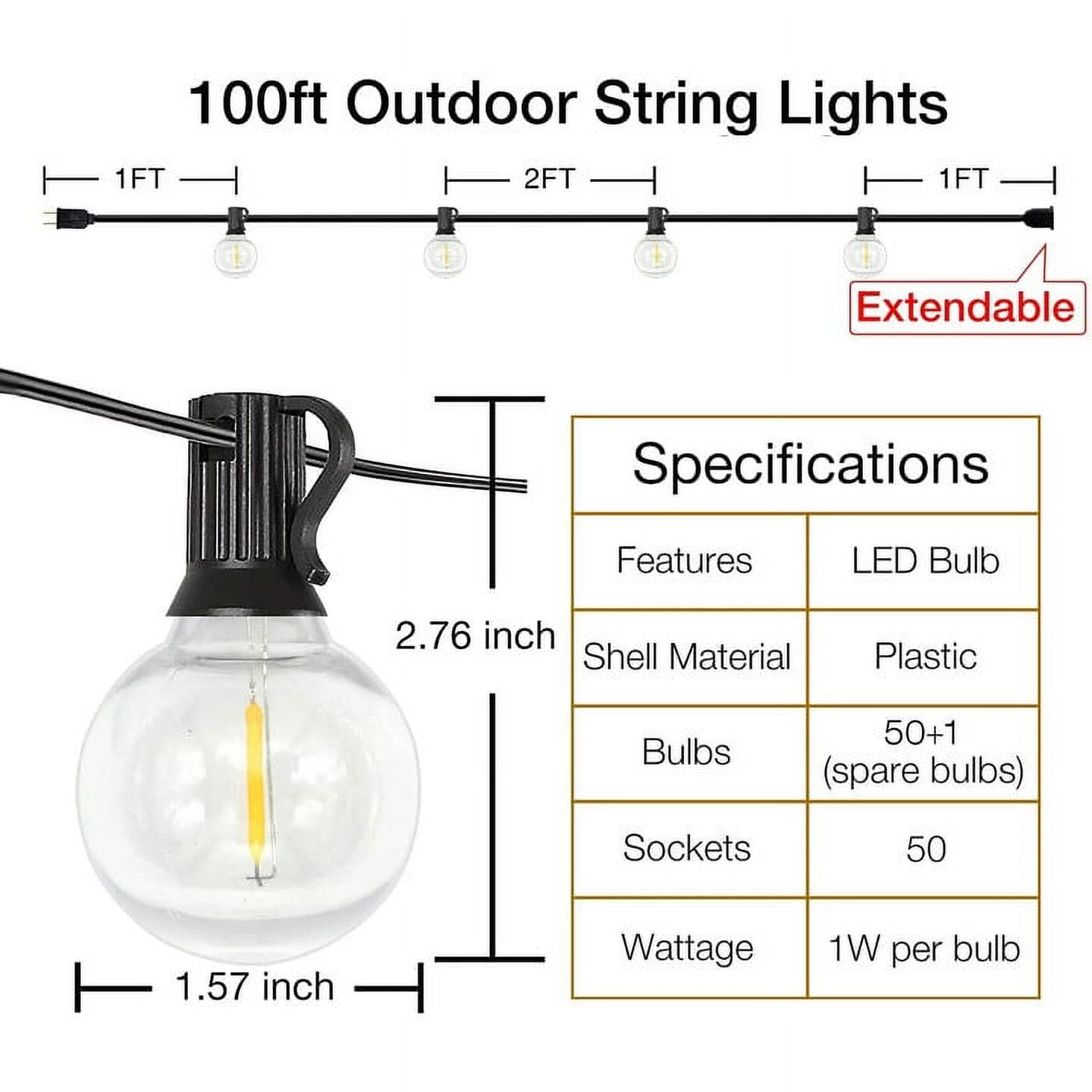 DAYBETTER Outdoor String Lights, Vintage Edison G40 LED Bulbs, Waterproof Patio Lighting (Warm White, 100 ft) zyy5u