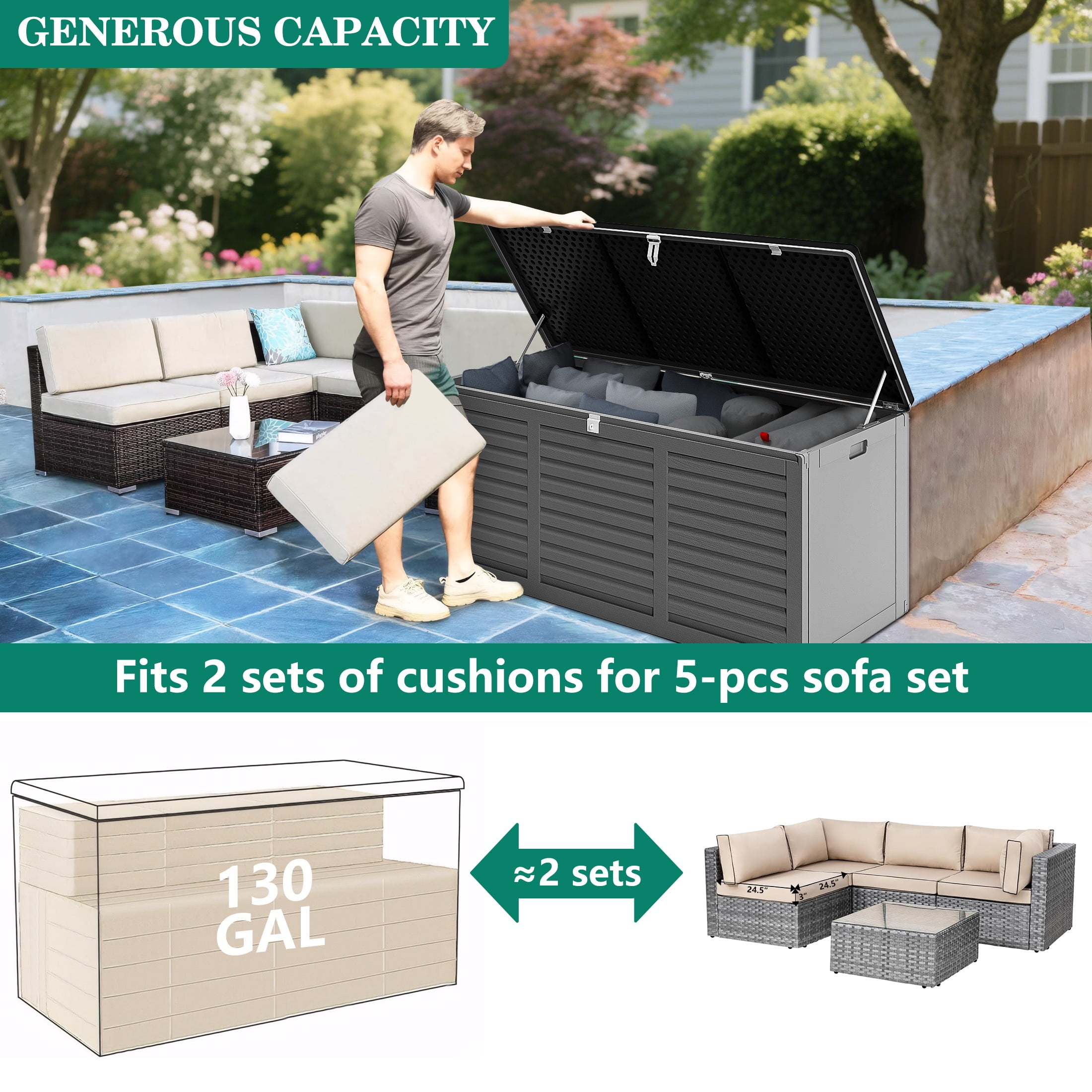 Segmart 130 Gallon Resin Deck Box, Outdoor Lockable Storage Container for Patio Cushions and Garden Tools (Grey, 130 Gallon) y5sgd