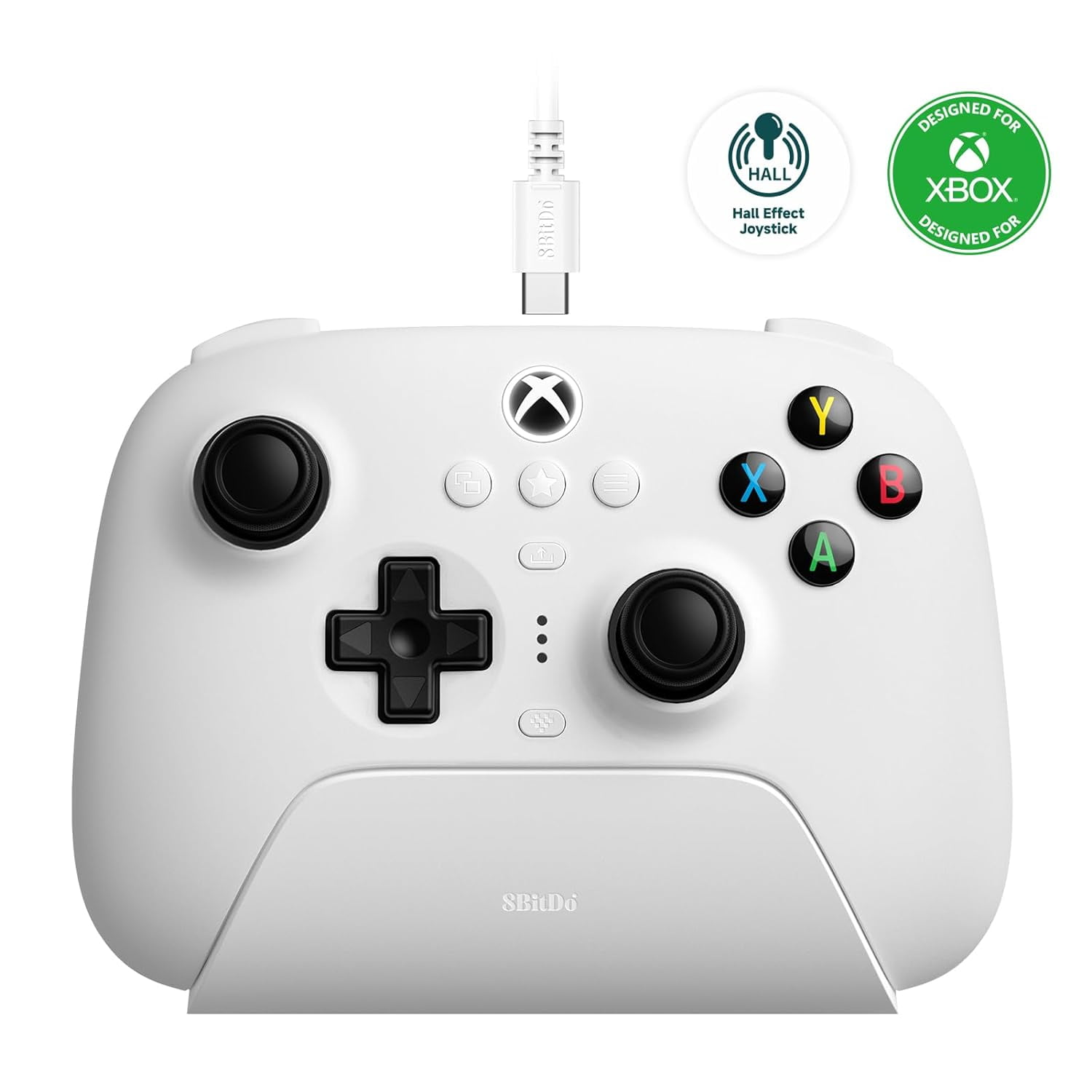 8BitDo Ultimate 3-Mode Wireless Controller with Hall Effect Joysticks and Charging Dock (White, 1 Count) 2gp5q