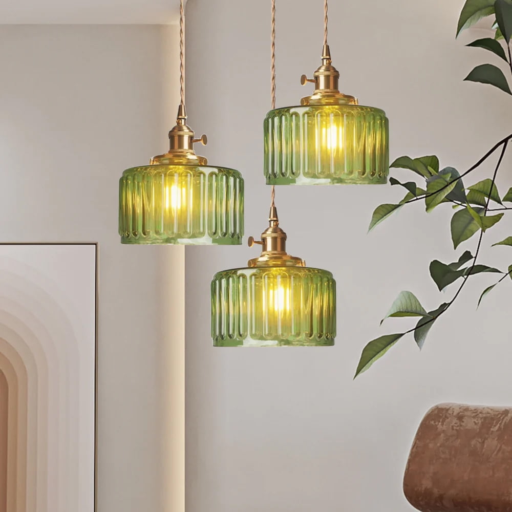 Arturesthome Vintage Glass Pendant Light, Wavy Cylinder Hanging Lamp for Kitchen Island (Green, 8 in) 4xqx1
