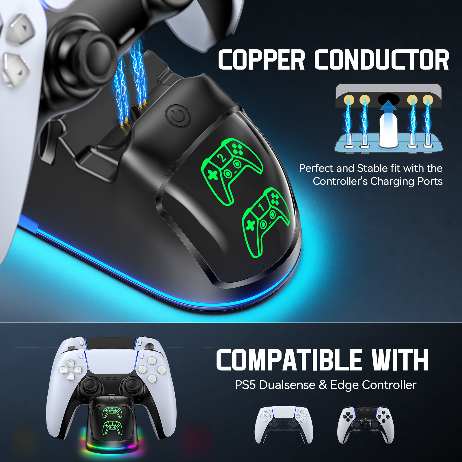 Tokluck PS5 Controller Charging Station for DualSense and DualSense Edge (Black, 1 Pack) 9pv2g