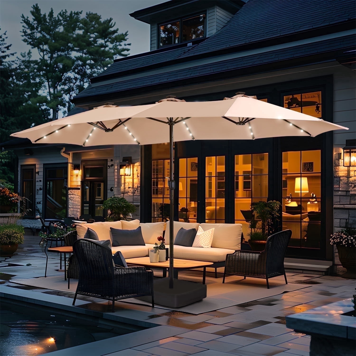 Summit Living 15ft Double-Sided Solar Patio Umbrella with LED Lights and Base (Beige, 15 ft) lu4o0