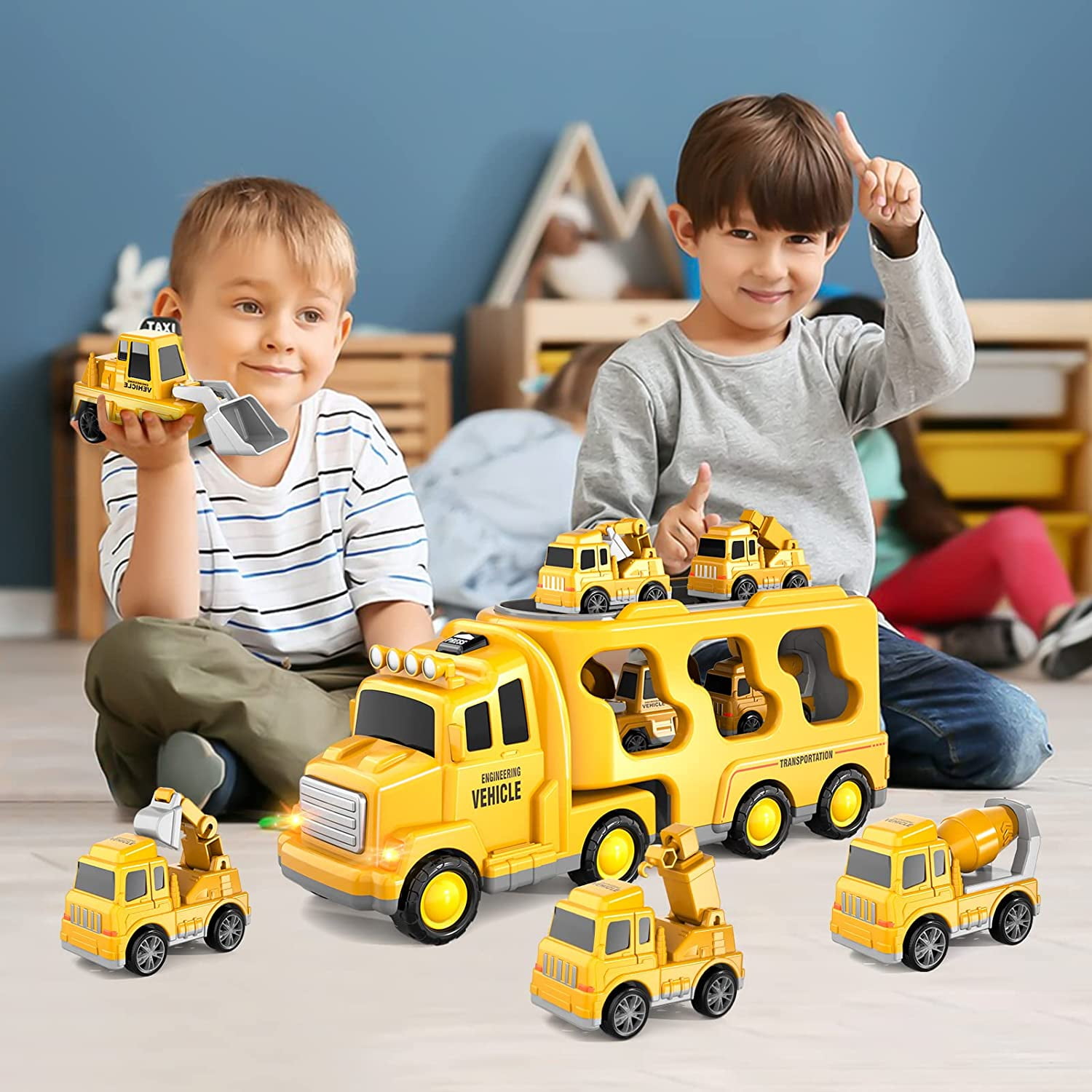 PayUSD 5-in-1 Construction Carrier Truck Set with Friction Power Vehicles (Yellow, 1 Set) qd7xg