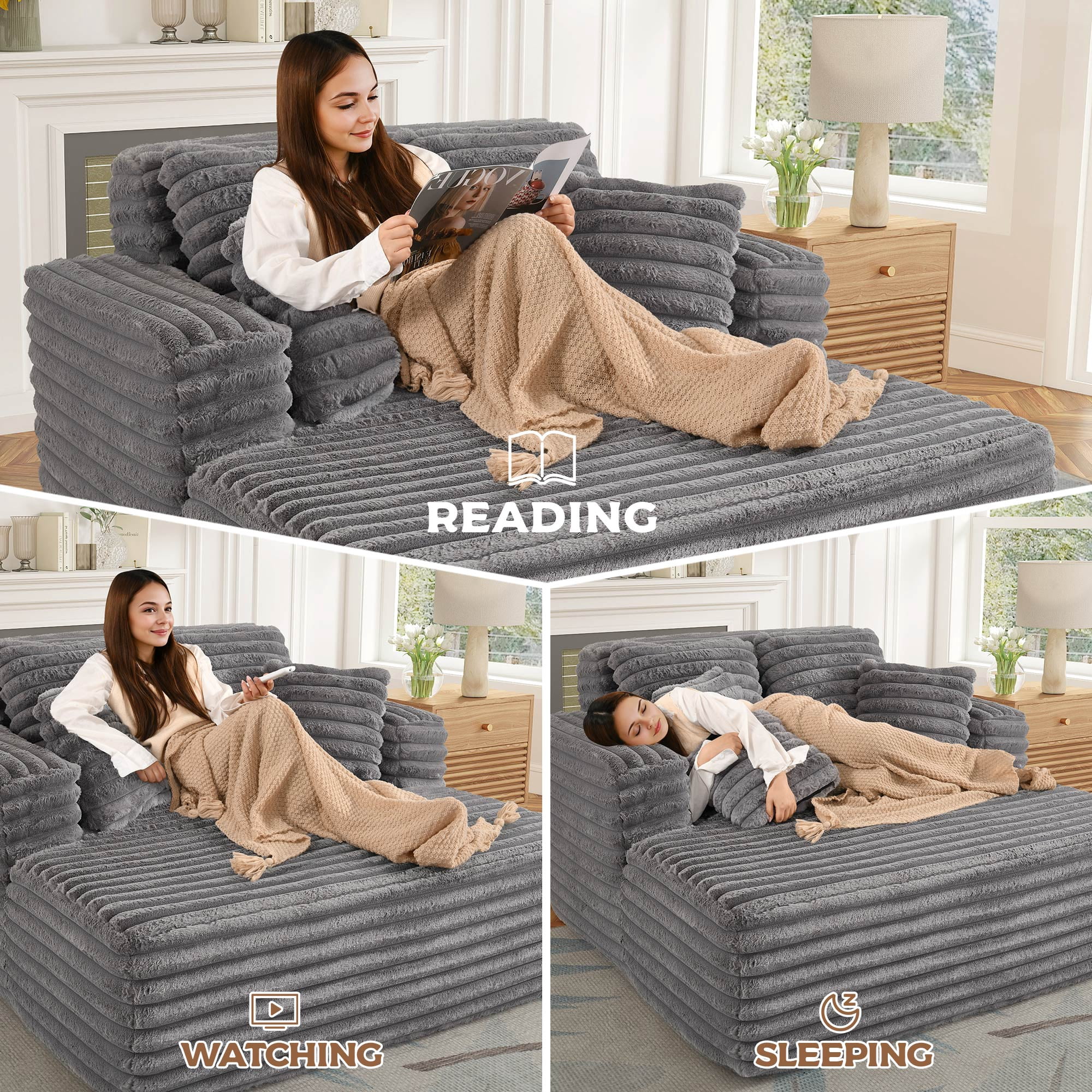 Muumblus Oversized Chaise Lounge Chair, Plush Corduroy Upholstered Sleeper Sofa for Living Room (Grey, 60 in x 40 in) gjbc4