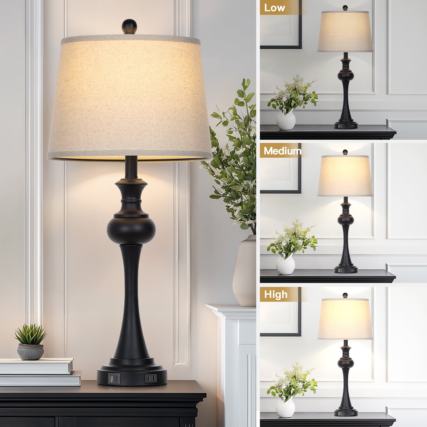 Cinkeda 3-Way Dimmable Industrial Table Lamp Set (28 in, Black, Set of 2) vx737