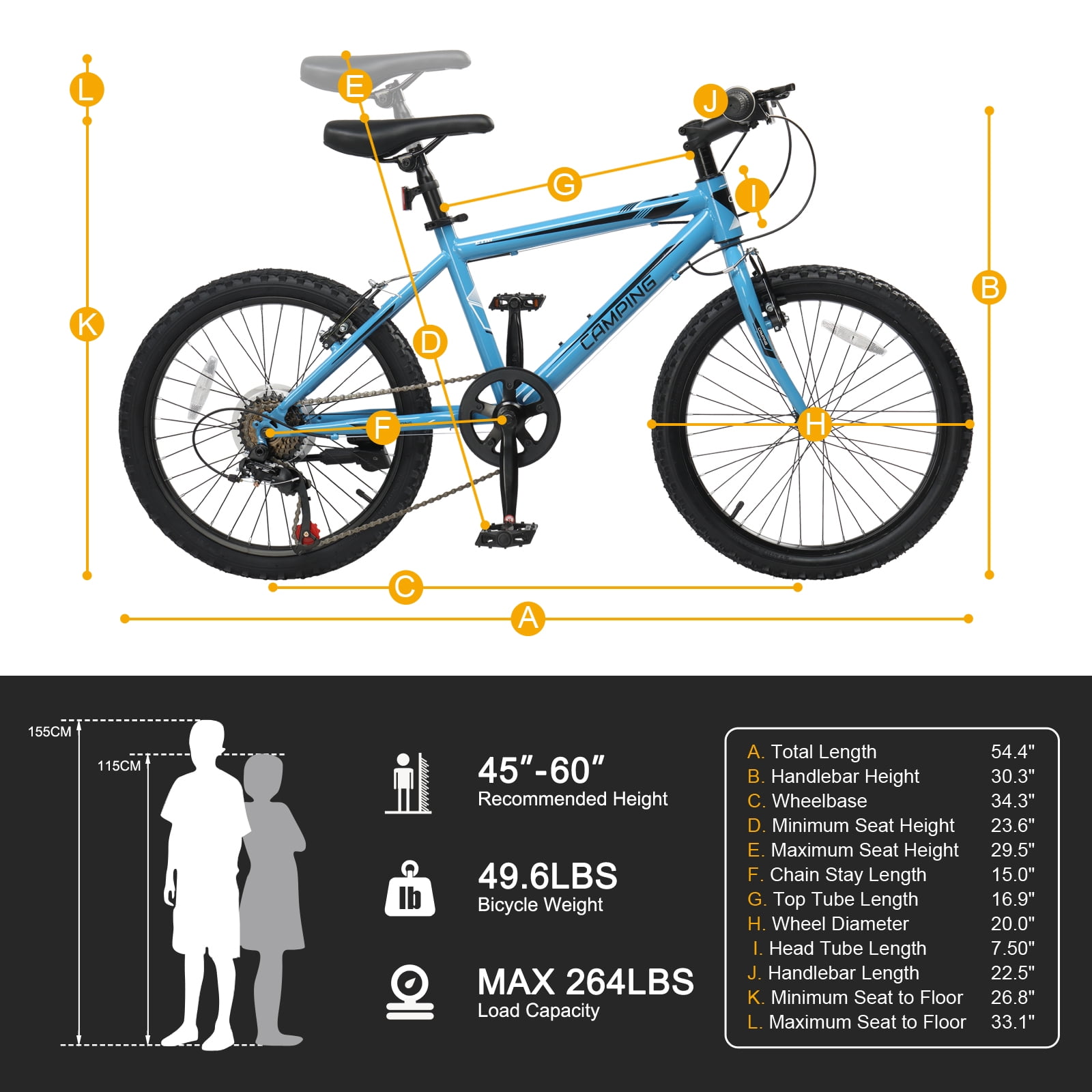 UBesGoo 20in 7-Speed Mountain Bike with V-Brake (Blue, 20 in) lc12m