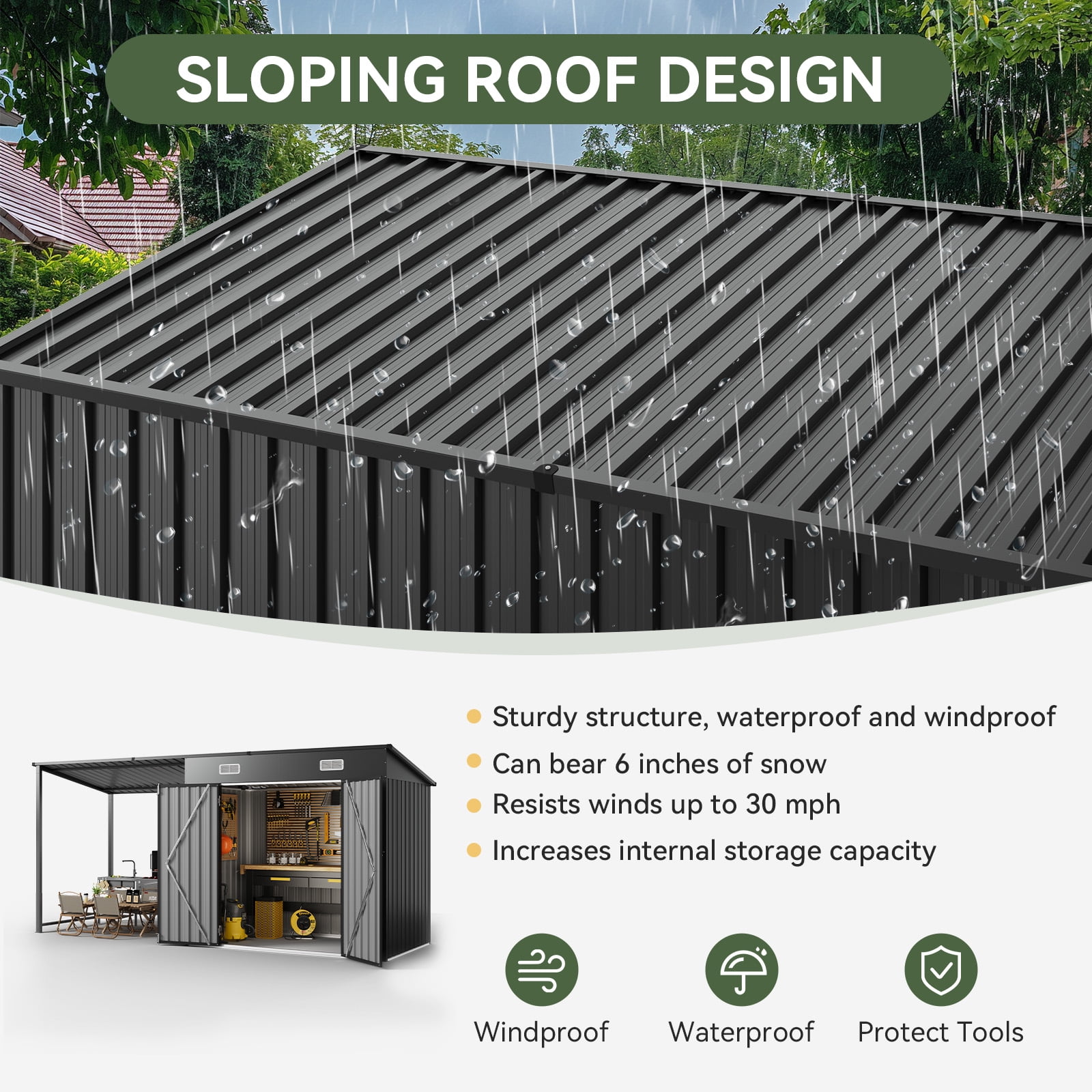 CLOUDDWELL Metal Storage Shed with Hardtop Pergola (Black, 153 in x 50 in x 73 in) zimnn