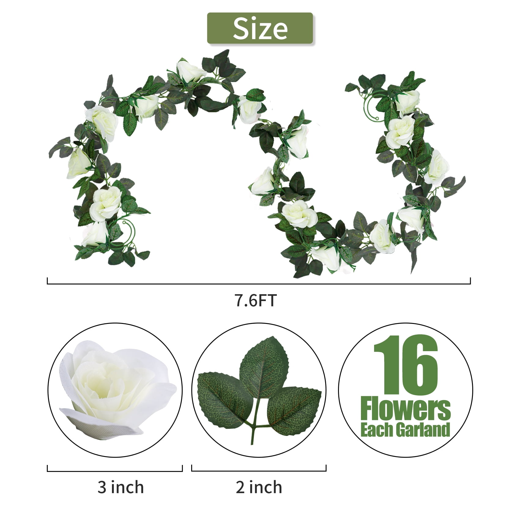 YOLETO Artificial Rose Vine Garland for Wedding and Home Decor (White, 2 Pack, 15 ft Total) m7188