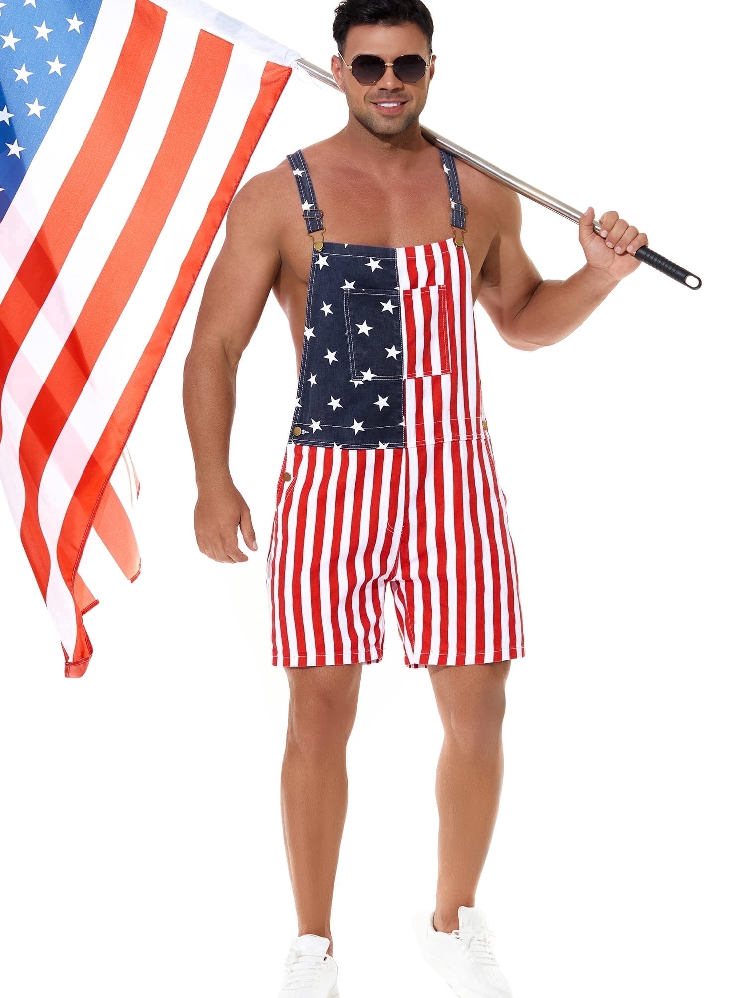 Yuanbang American Flag Denim Bib Overalls Shorts Patriotic Jumpsuit Romper for Men (Red White Blue, XL) gwvmk