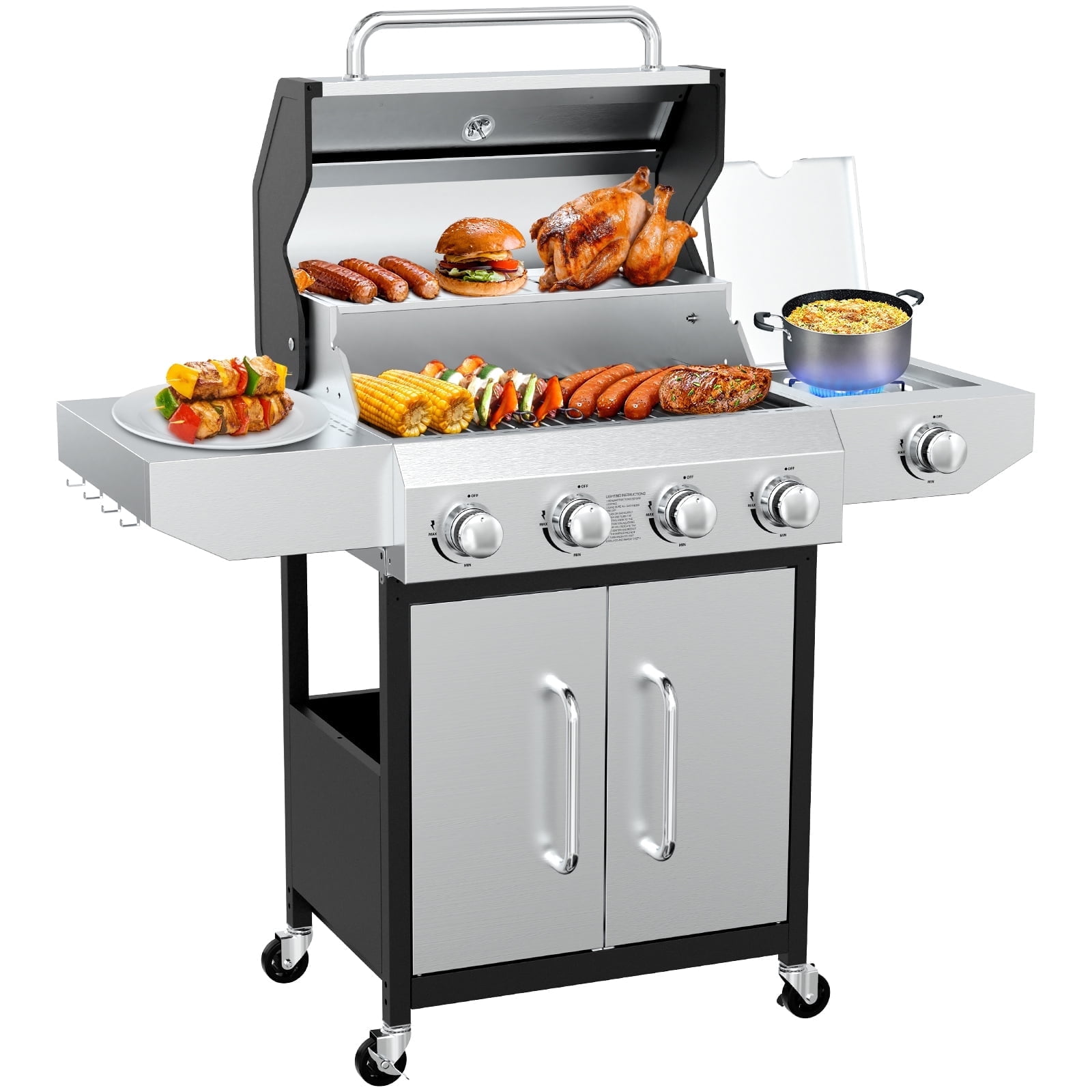 Frizi 4-Burner Gas Grill with Side Burner, Stainless Steel Propane BBQ for Patio and Camping (60,000 BTU) z8ws2