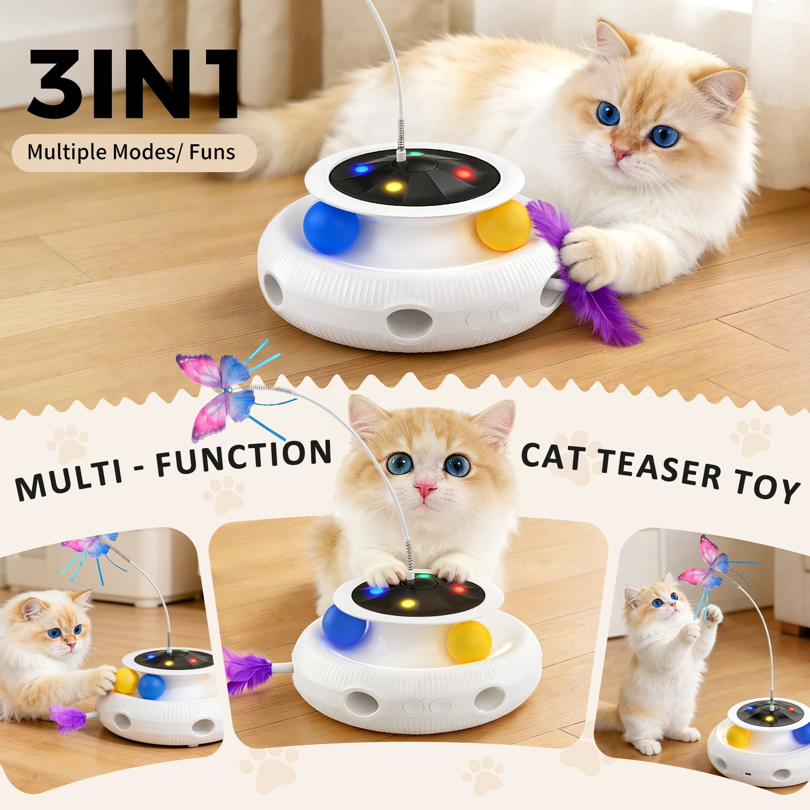 Cornmi 3-in-1 Interactive Cat Toy, Smart Feather Wand with USB Rechargeable Base (White) ggylw