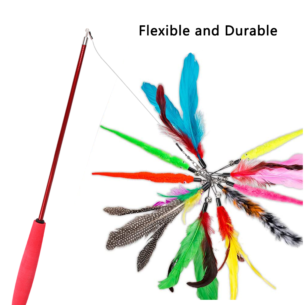 GYDEK Interactive Cat Wand Toy Set, Retractable Fishing Pole with 12 Feather and Worm Refills (13.4 in to 39.4 in) k2pj4