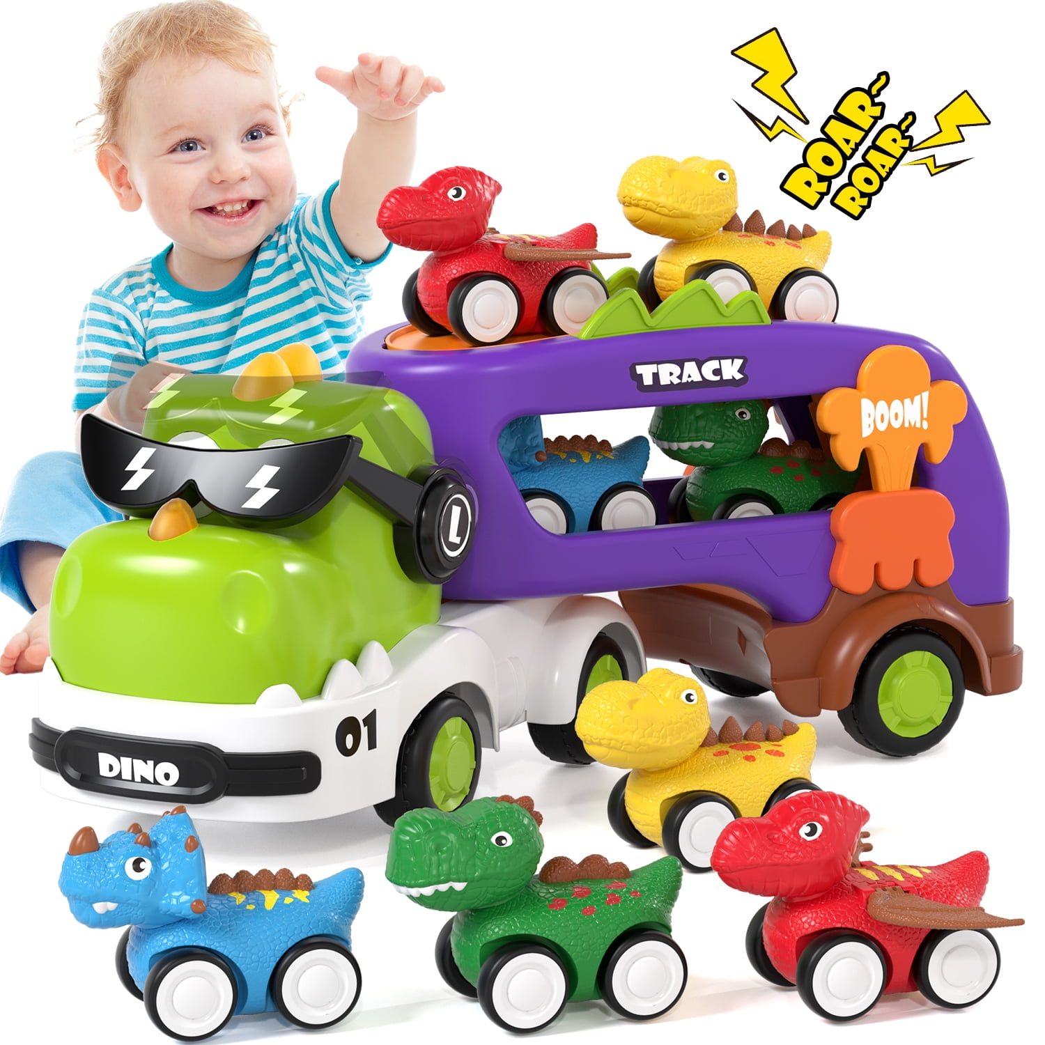 KWANITHINK Dinosaur Carrier Truck Toy Set with Lights and Sounds, Pull Back Mini Cars for Toddlers (Green, 12.38 in x 4.72 in x 5.31 in) fv1xm