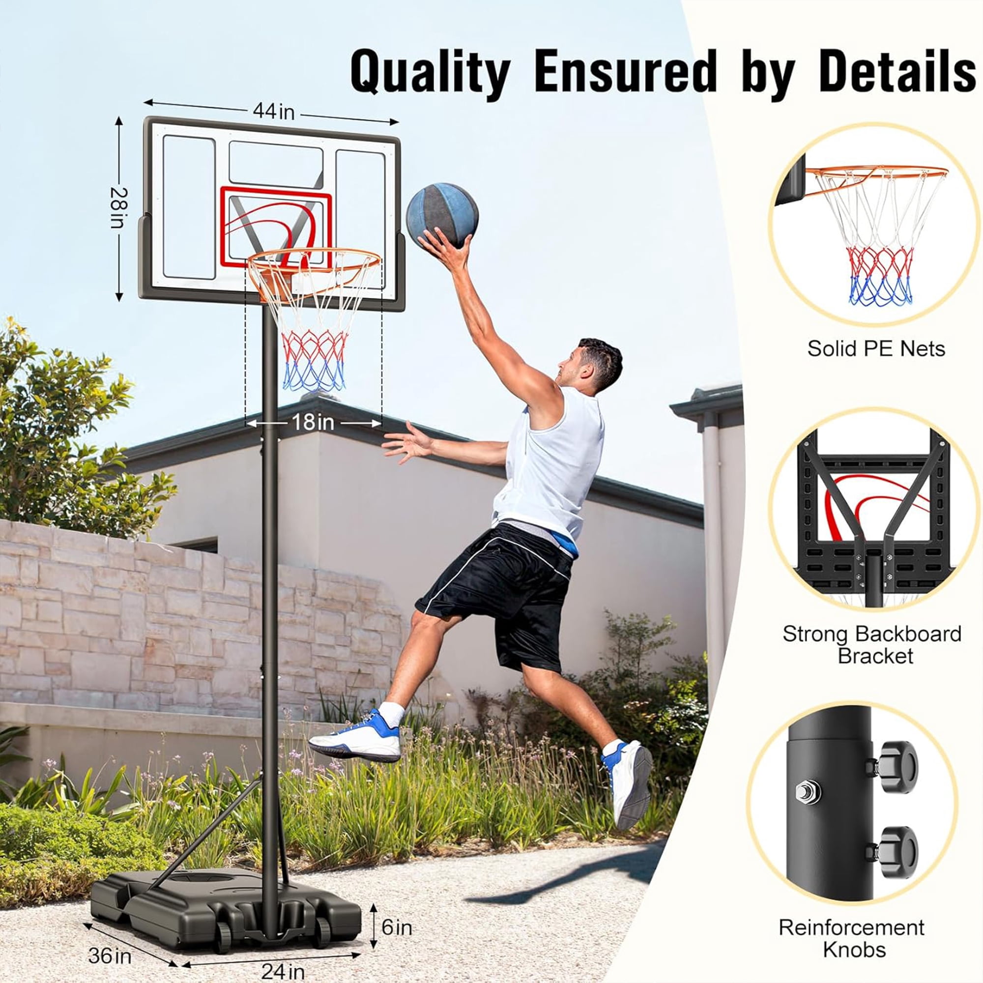 Toremore 44 in Portable Basketball Hoop System, Adjustable Height 4.43-10 ft with Shatterproof Backboard (Red) eqmj3