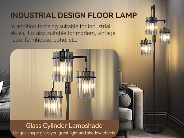 Muaket Industrial Modern Floor Lamp, Dimmable Tree Standing Light with 3 Teardrop Glass Cage Shades (Black, 65 in) yh6qg