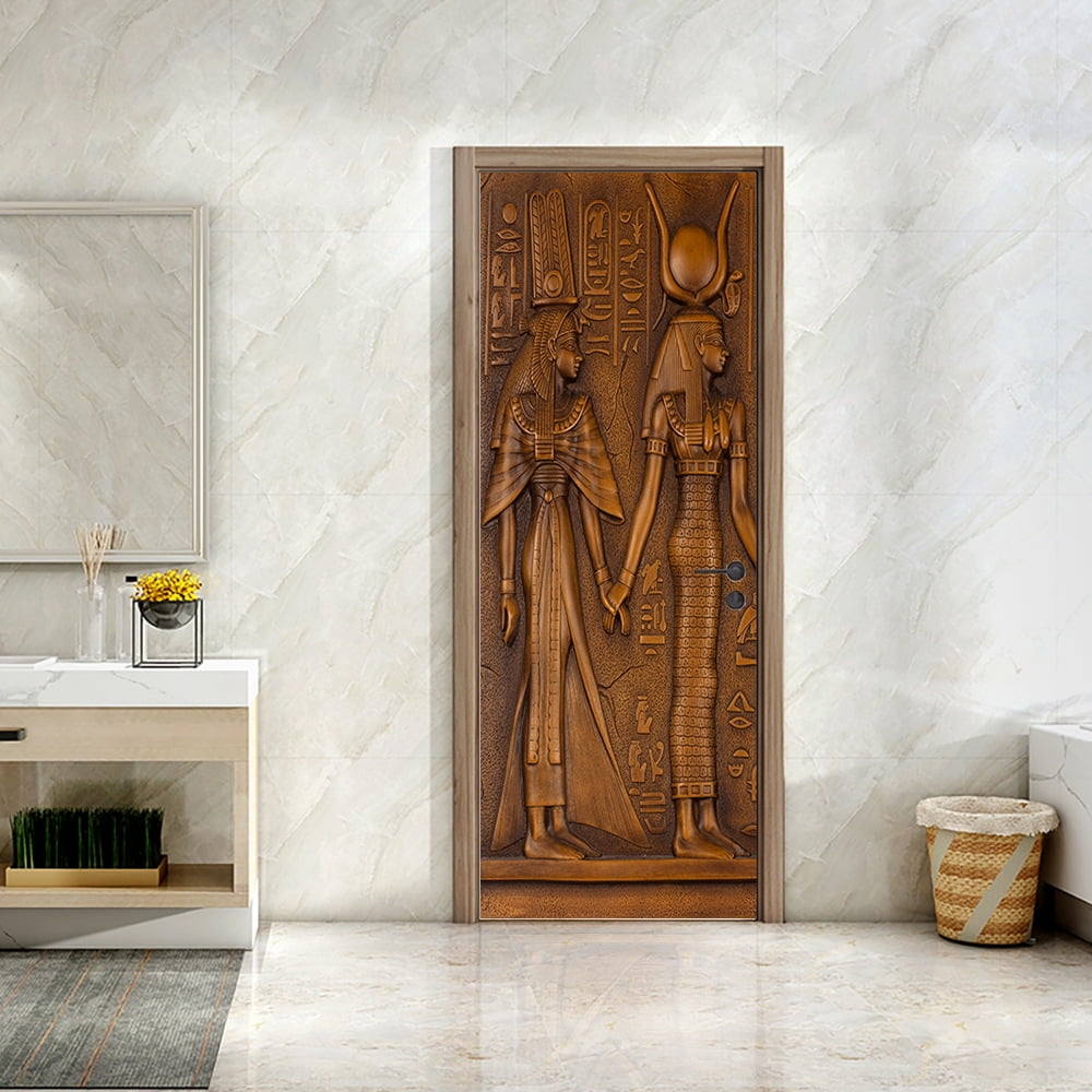 YiZeDaMS 3D Egyptian Sculpture Door Mural Wallpaper Waterproof Vinyl Home Decor Decal (Multicolor, 30.3 in x 78.7 in) jgynf