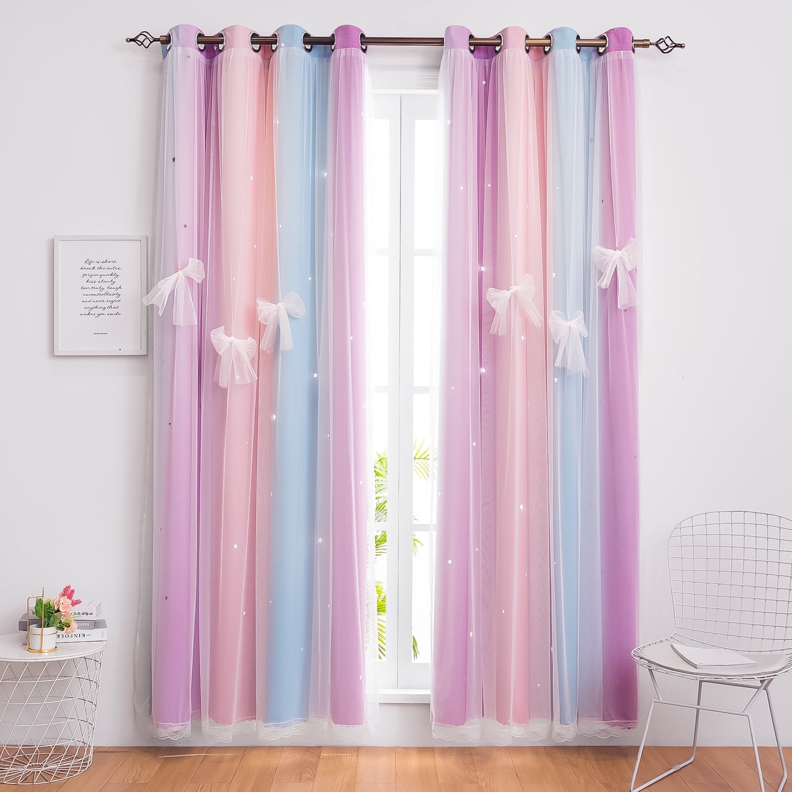 CshidWorld Blackout Curtains for Girls Bedroom, Double Layer Star Cut Out Drapes with Sheer Tulle Overlay (Pink, 52 in x 63 in, 2 Panels) 42w51