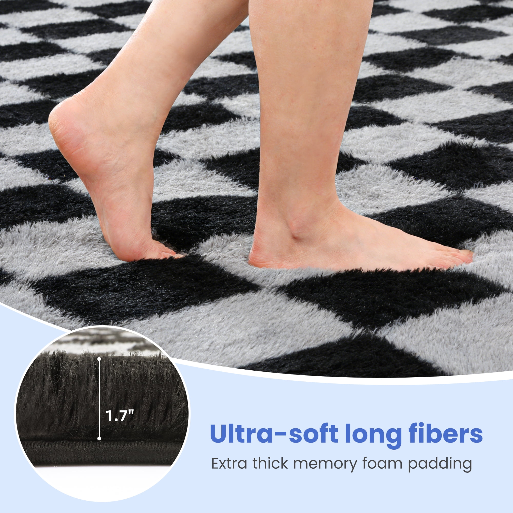 Cozydesg Shag Area Rug, Soft Fluffy Checkered Floor Carpet, Non-Slip Washable Rug for Living Room and Bedroom (Black & Grey, 5 ft x 8 ft) 1noe6