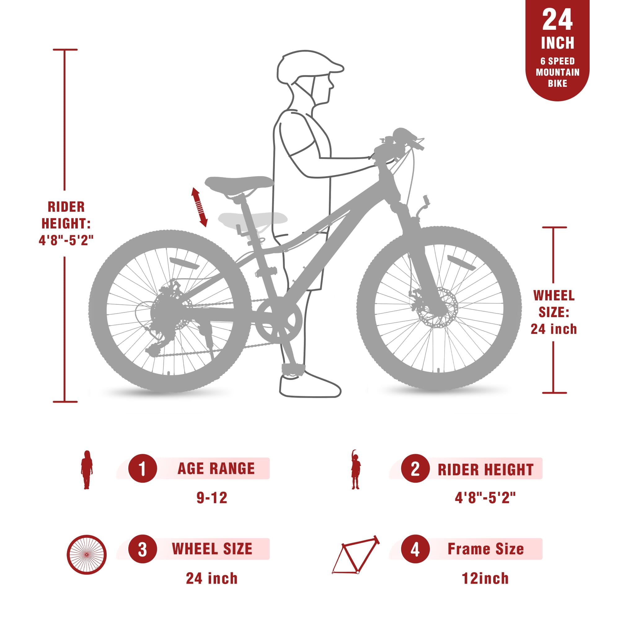 TBSCWYF 24 Inch Mountain Bike for Kids, 6-Speed Steel Frame with Dual Disc Brakes and Suspension Fork (Red, 24 in) 0w1lp