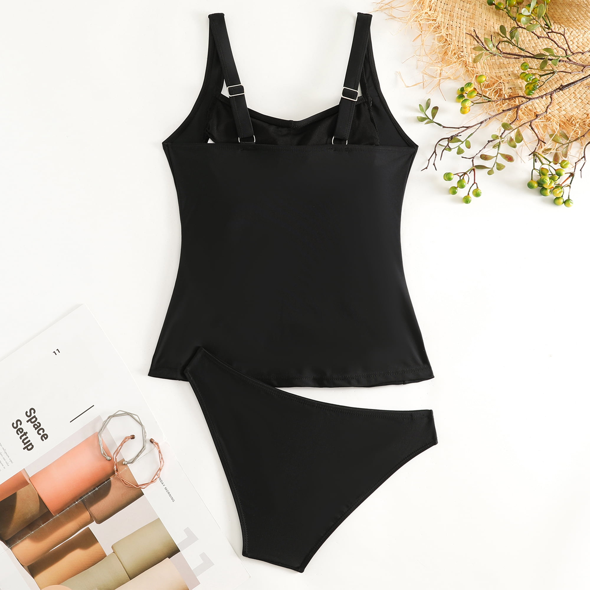 SOMER Women's Tankini Swimsuit 2 Piece Set Tummy Control High Waisted Ruched Bikini (Black, Medium) ewvap