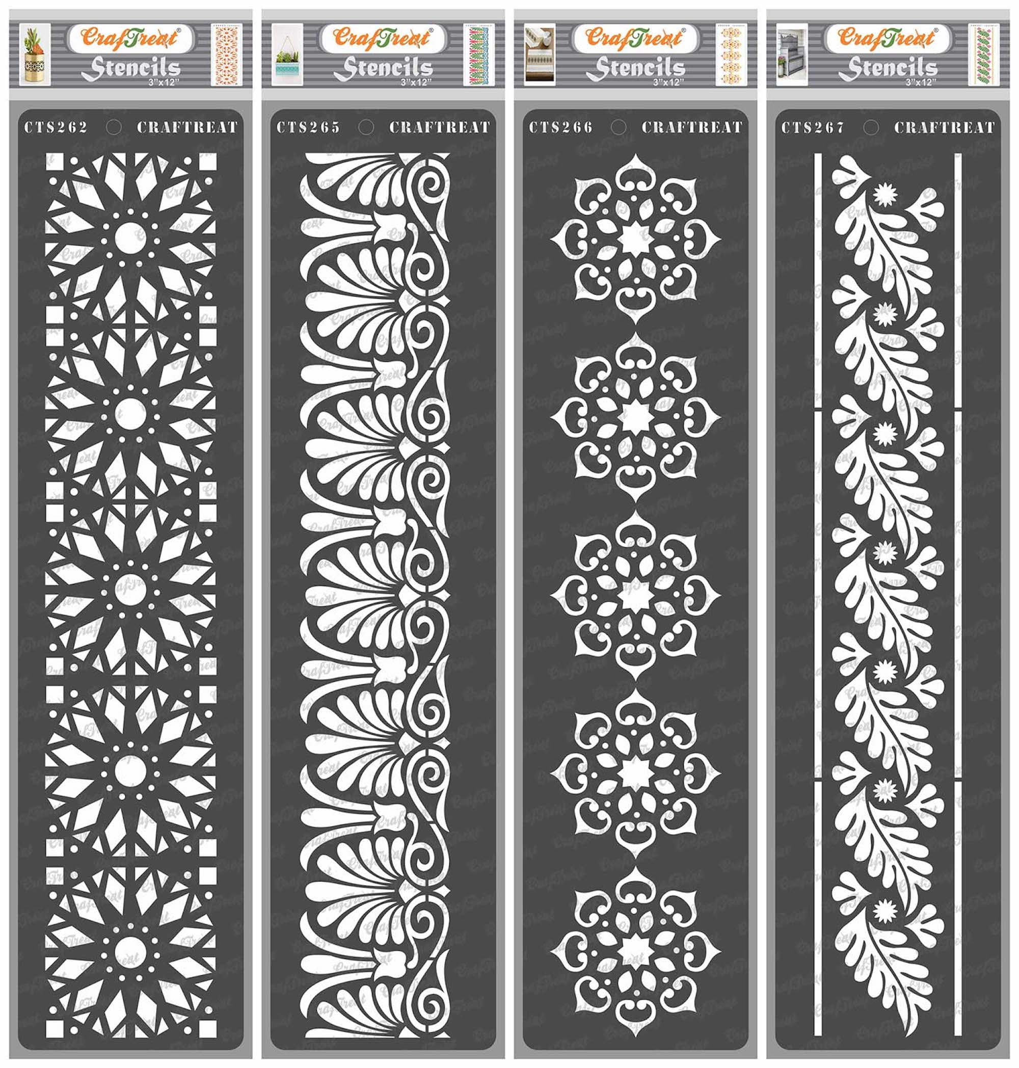 CrafTreat Border Stencil Set for Painting and DIY Crafts (Clear, 4 Pcs, 3 in x 12 in) lt7r5