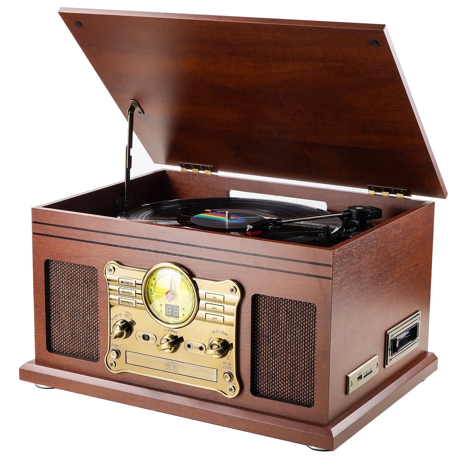 Caymuller 10-in-1 Vintage Style Bluetooth Record Player, 3-Speed Turntable with Built-in Speakers, CD and Cassette Player (Brown, 17 in x 13 in x 8 in) xyxie