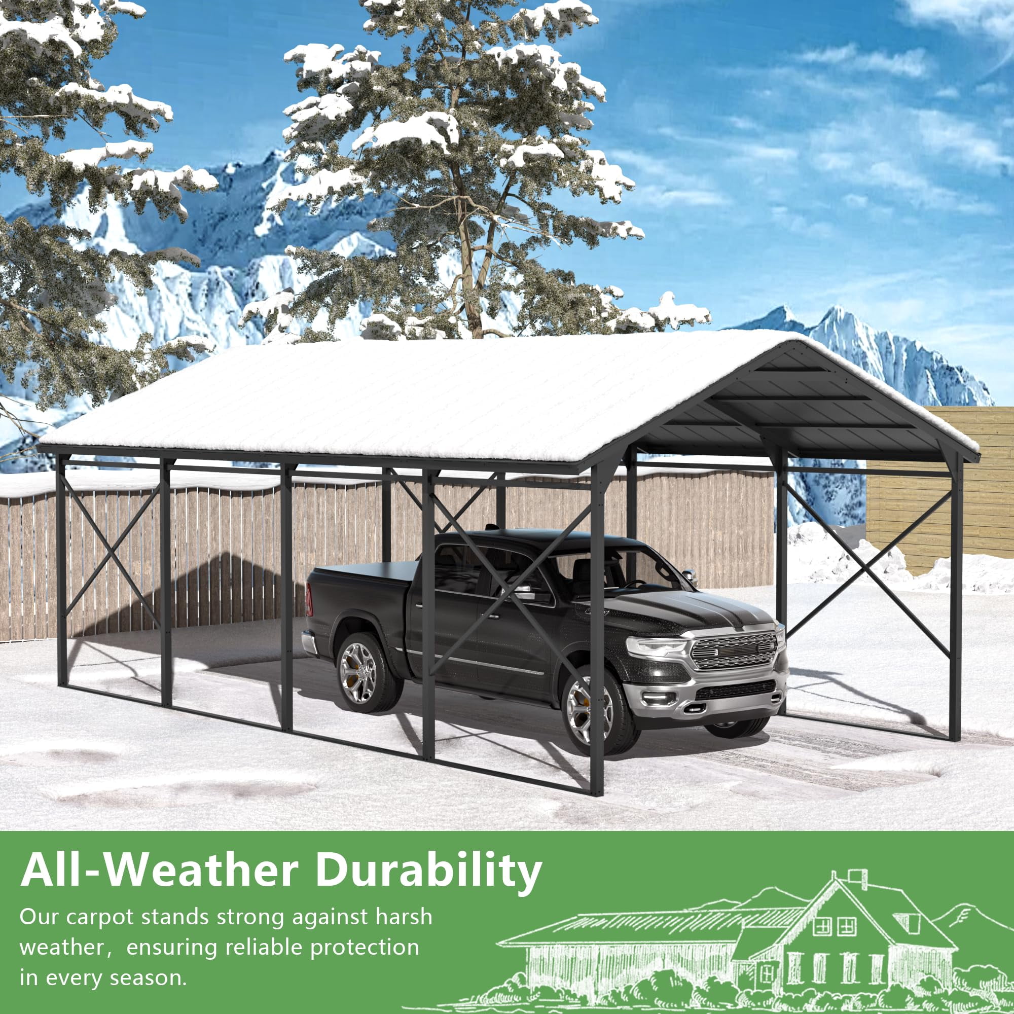 ALAULM Heavy-Duty Metal Carport Outdoor Garage Canopy with Galvanized Steel Roof (12 ft x 22 ft) 9c0s5