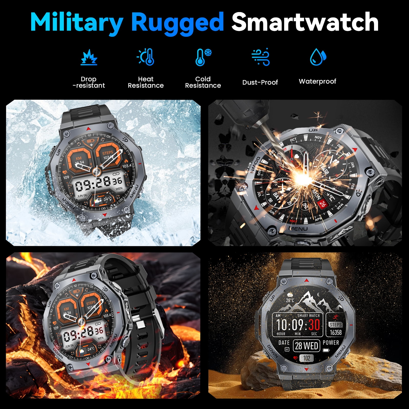 Haulvean Military Smart Watch for Men, AMOLED Fitness Tracker with Bluetooth Calling and 100+ Sports Modes (Black, 1.43 in) ua7lr
