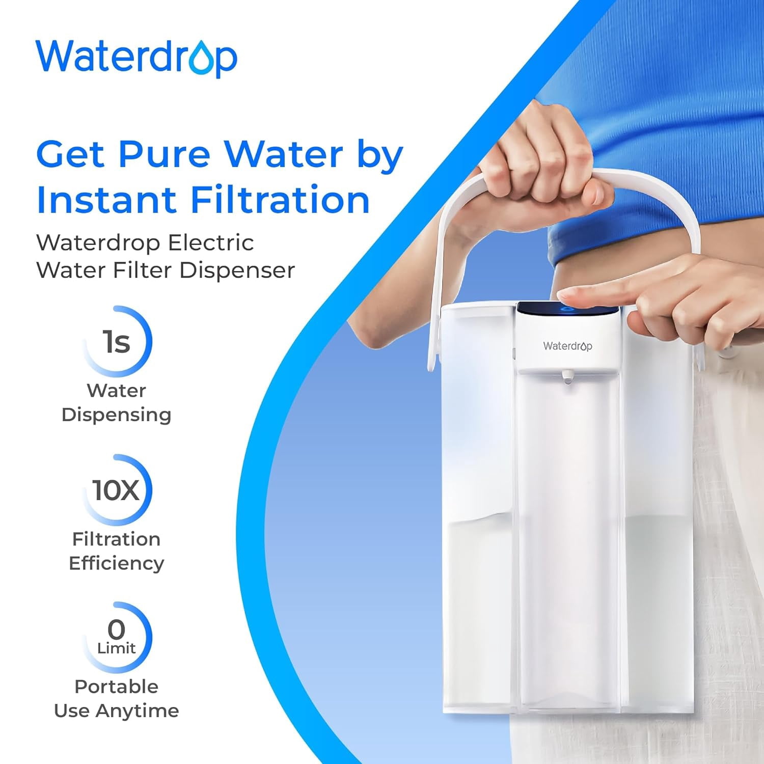 Waterdrop Electric Water Filter Pitcher, Countertop Filtration System, NSF Certified for Lead and PFAS Reduction (White, 15-Cup) dspjl