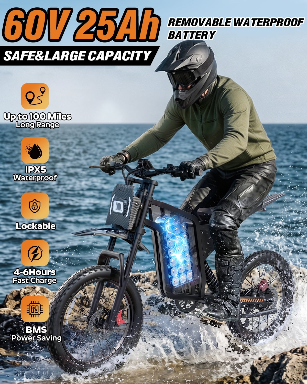 Bopzin Electric Dirt Bike for Adults, 3000W Off-Road E-Bike with App Control and Anti-Theft Alarm (20 in Fat Tire, 60V 25Ah) gtjzx