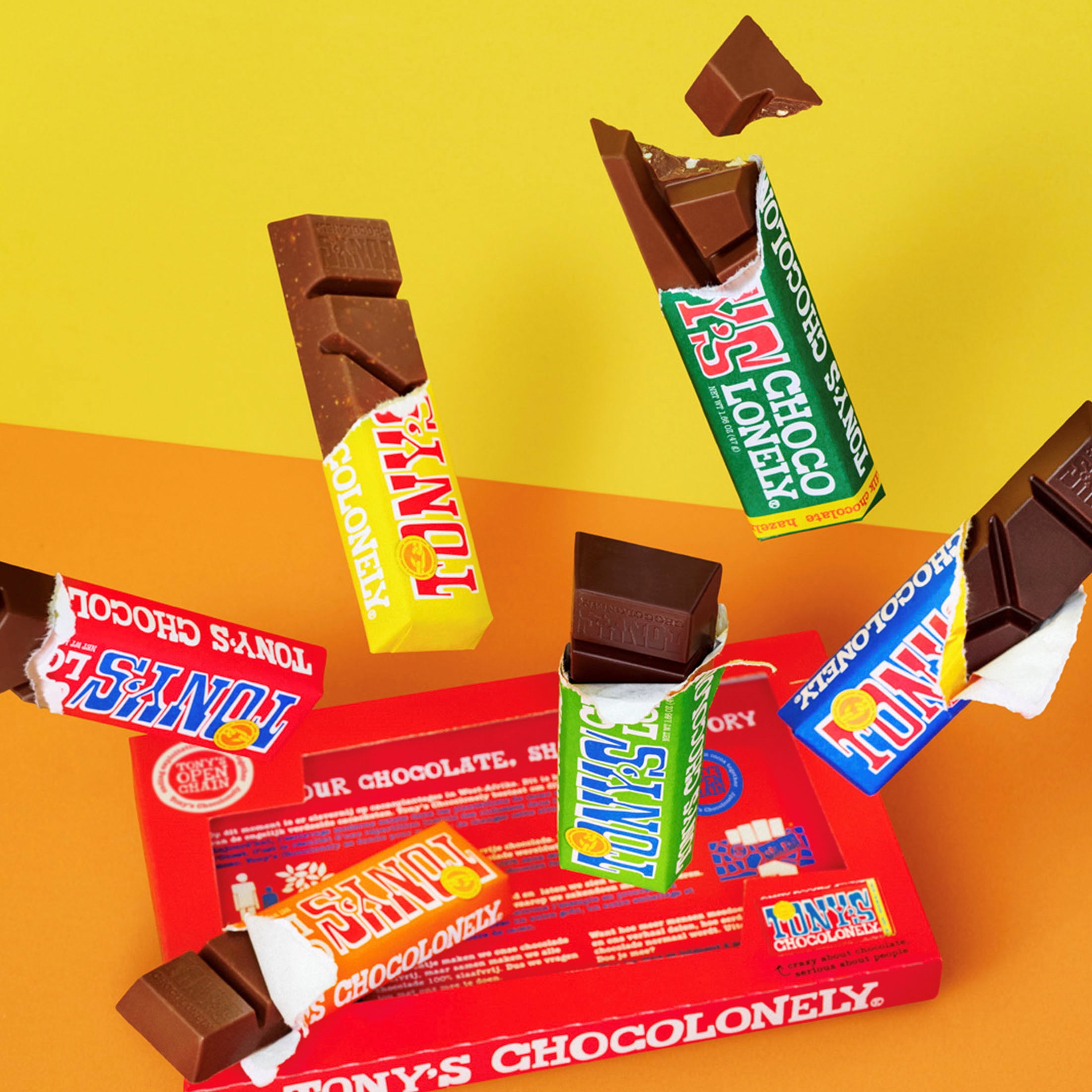 Tony's Chocolonely Chocolate Bar Variety Pack, Fairtrade Certified Cocoa (6 Bars, 1.8 oz each) be800